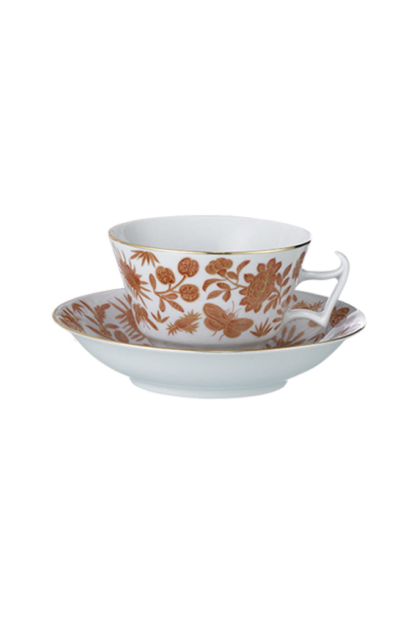 Sacred birds in orange print. Five piece place setting includes dinner plate, dessert plate, bread & butter plate and teacup with saucer.