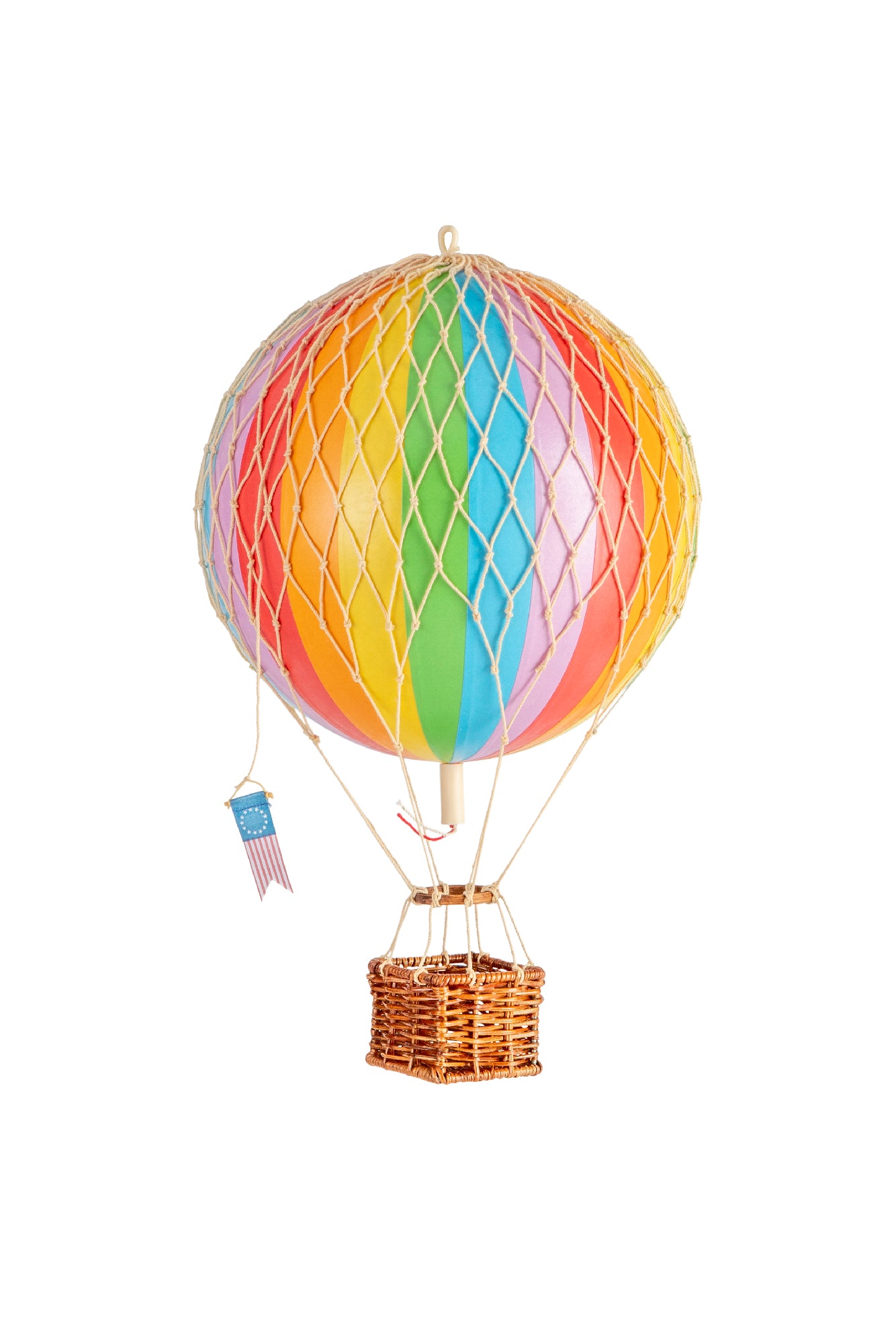 Rainbow whimsical wicker hot air balloon for hanging.