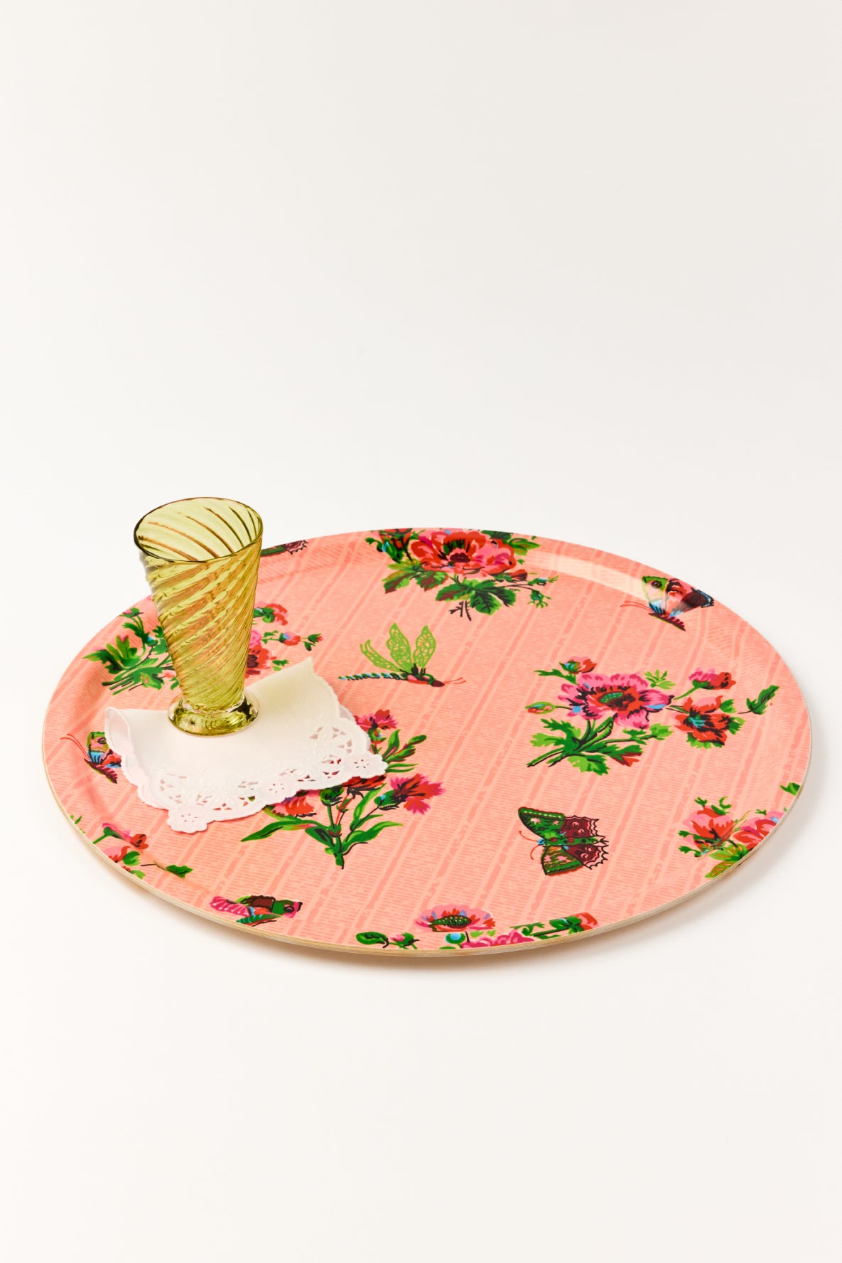 Floral-patterned pink laminated tray with butterflies and flowers on a white background.