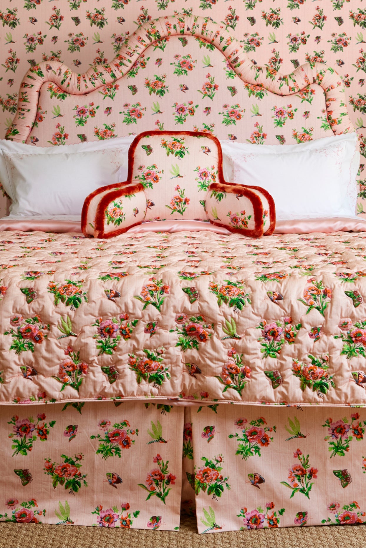 ABIGAIL BUTTERFLY CHINTZ HEADBOARD, BED SKIRT & QUILTED COVERLET
