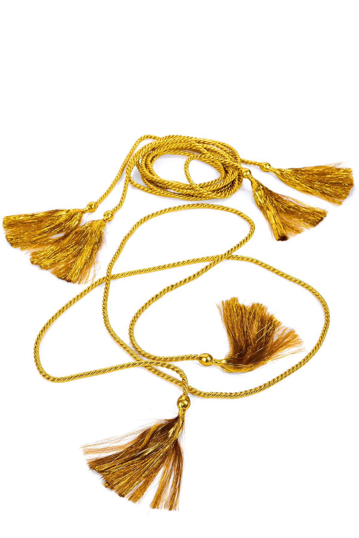 A set of gold-colored decorative tassels with braided cords, arranged on a plain white background.
