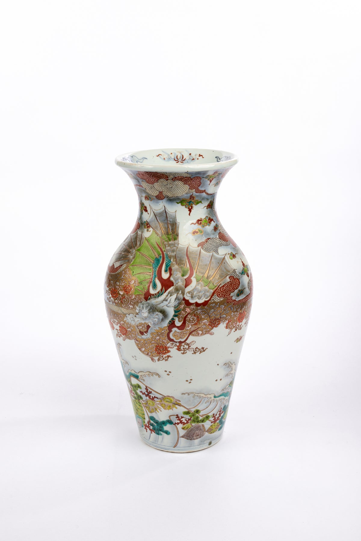 An antique-style ceramic vase with a flared rim, featuring a hand-painted multicolor design of a dragon and clouds on a white glazed background, set against a plain white studio backdrop.