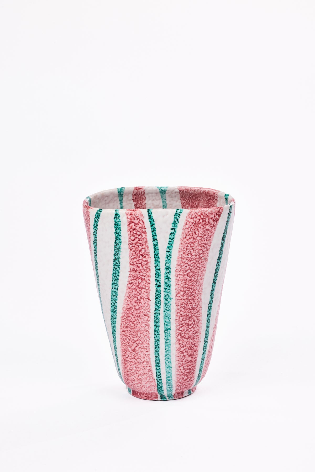 A textured ceramic Vase with vertical stripes in red, white, and teal, set against a plain white background.