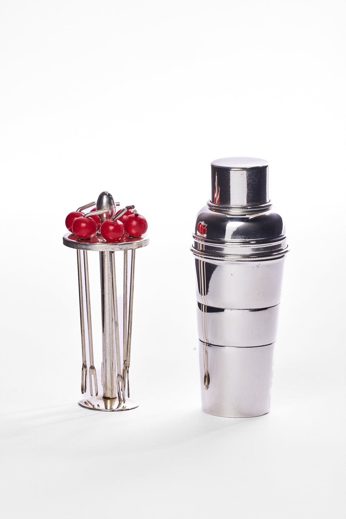 VINTAGE SILVER MINIATURE COCKTAIL SHAKER, JIGGER, & CHERRY PICK SET