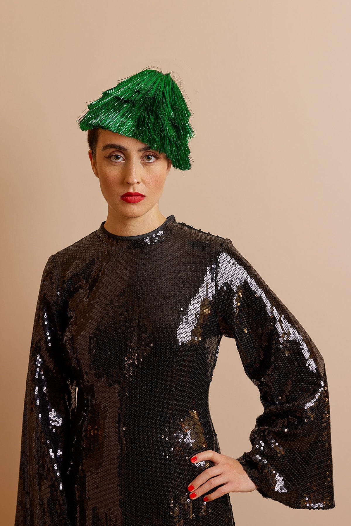 Green tinsel hat. Perfect for Christmas.