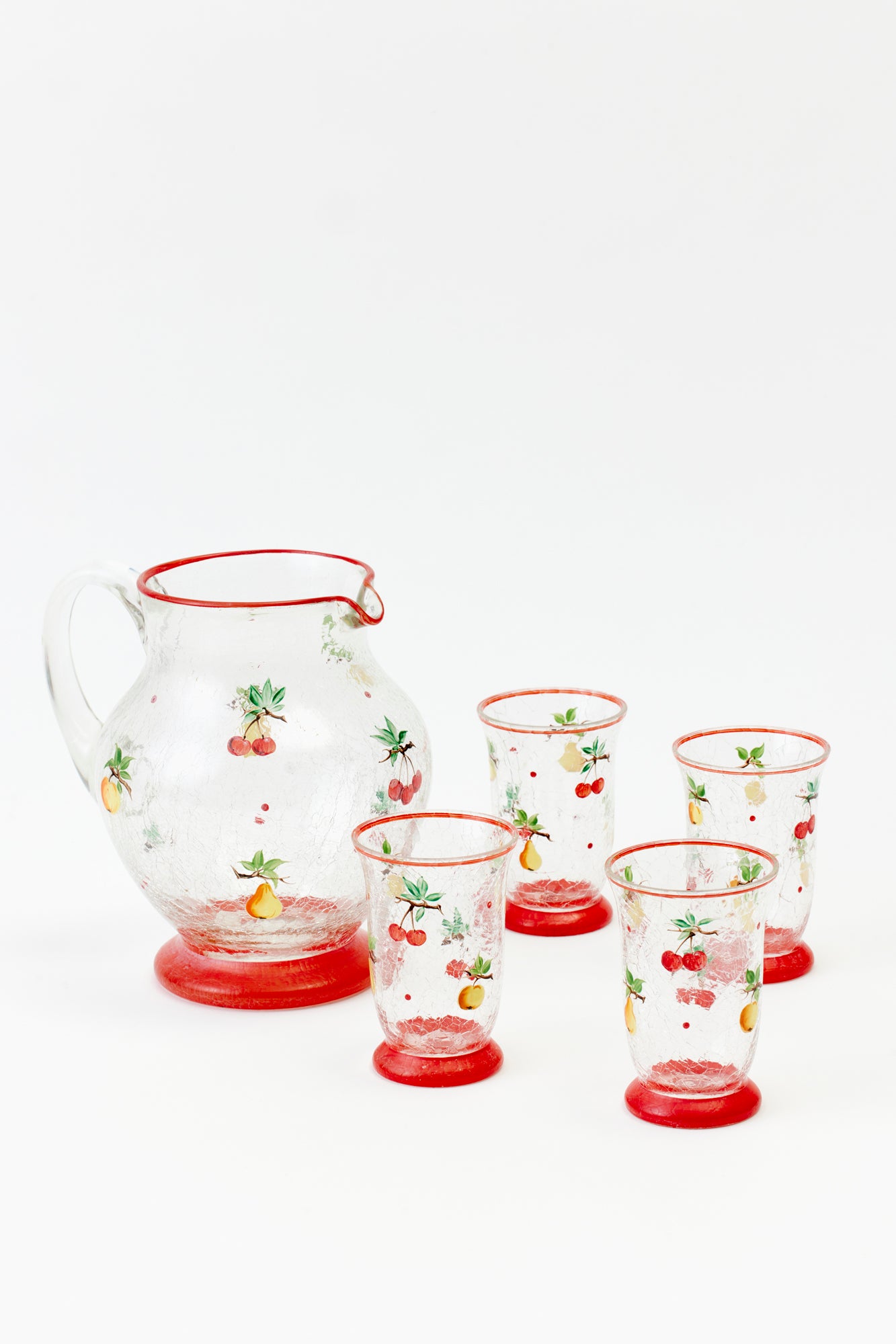 VINTAGE CRAQUELLE CHERRY PITCHER AND TUMBLERS