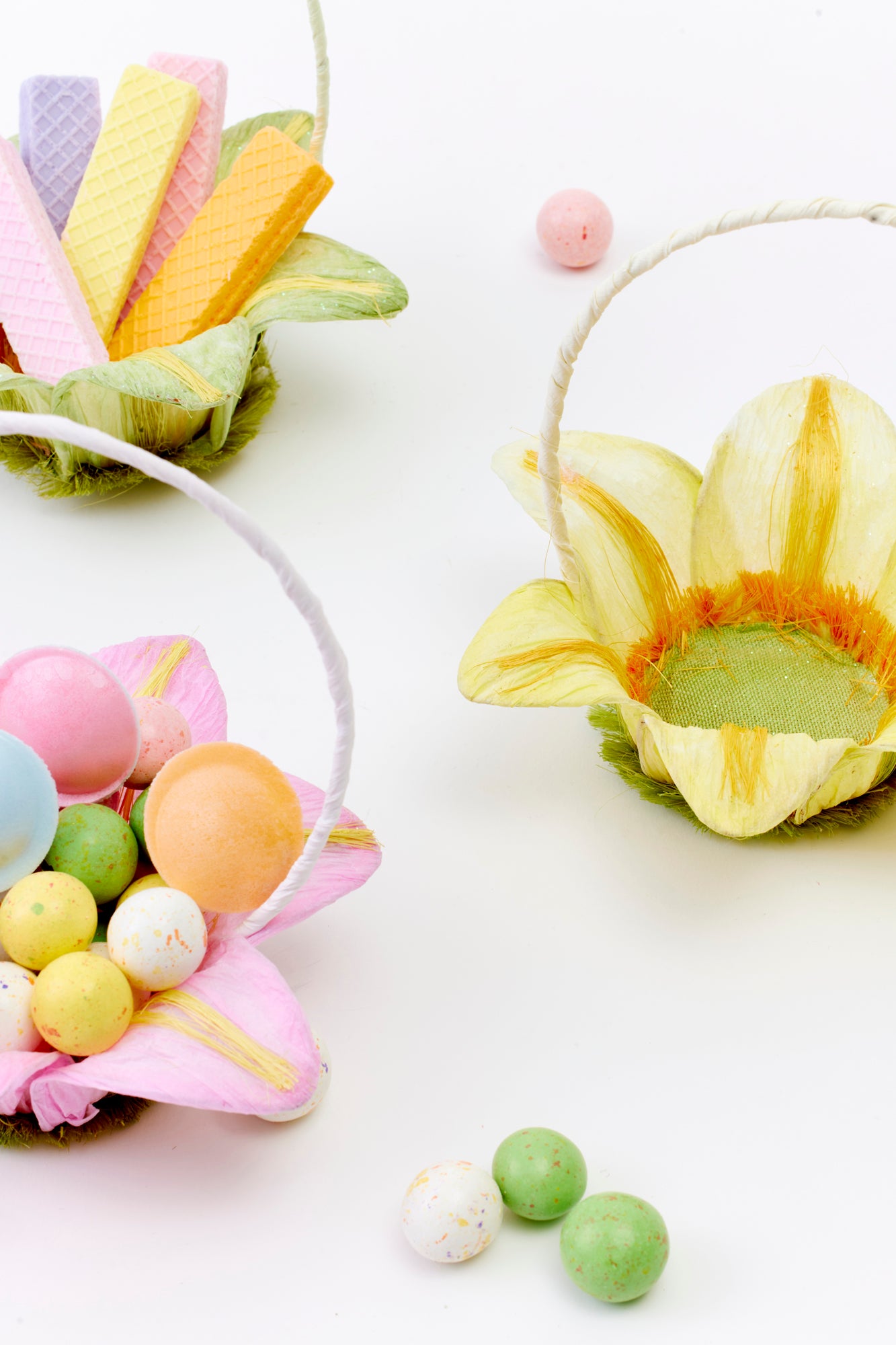 Handmade paper baskets shaped like lilies for Easter.