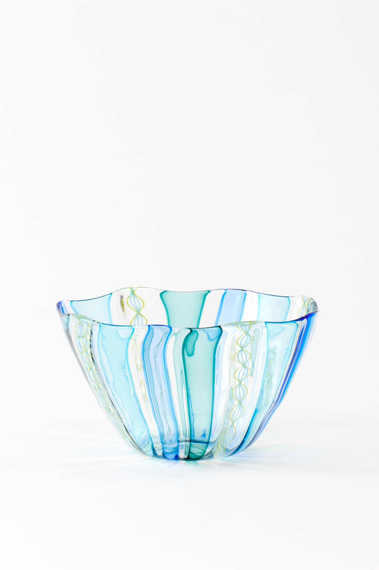 Latticino bowl handblown in blue.