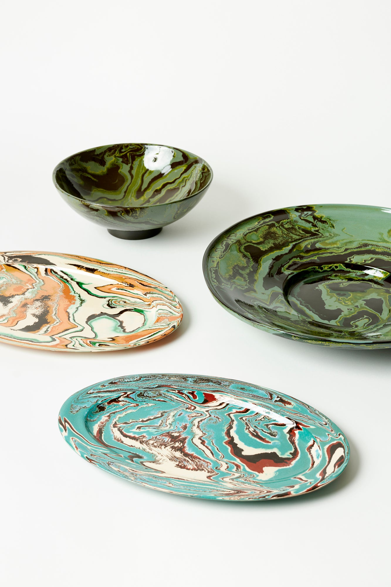 Green marbled serving dishes.