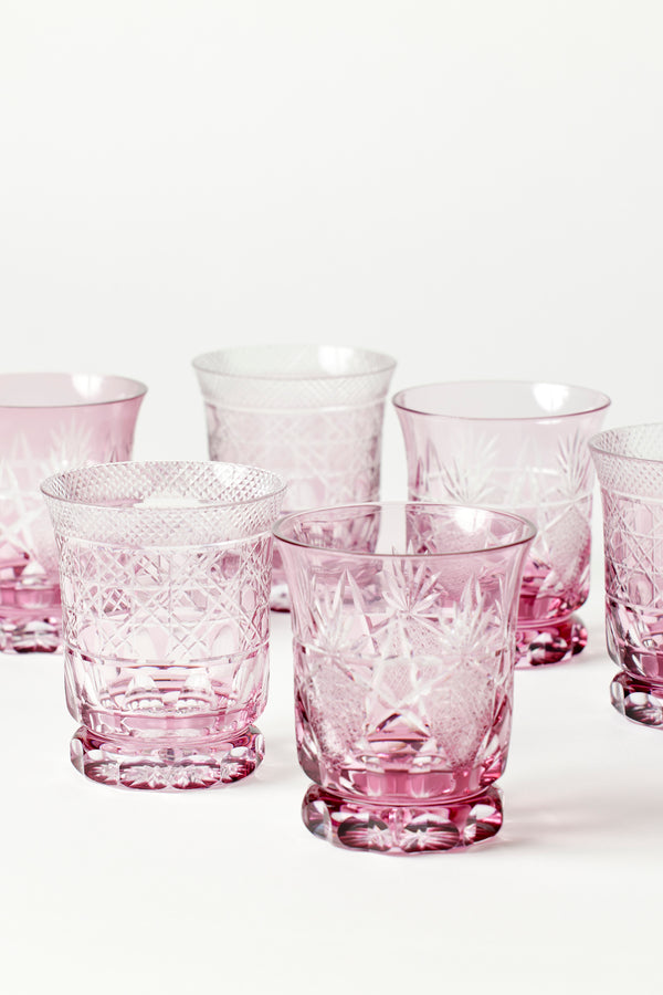 SET OF 6 PINK JAPANESE CUT GLASS TUMBLERS