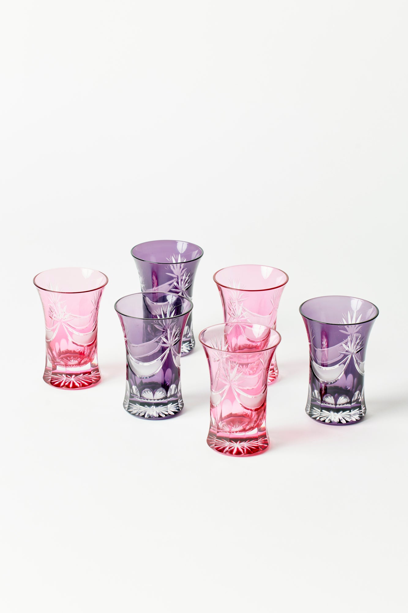 Japan’s prized Edo Kiriko cut glass in princess colors of purple and pink.