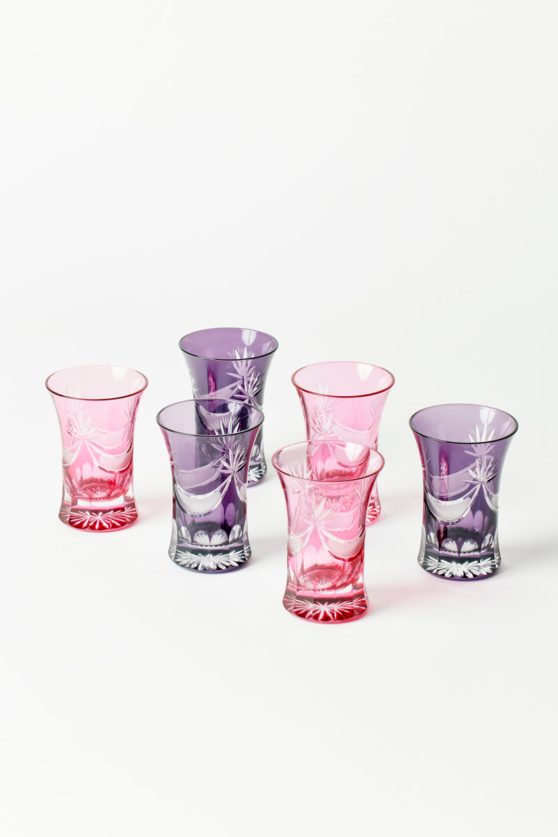 SET OF 6 PINK & PURPLE JAPANESE FLARED CUT GLASS TUMBLERS