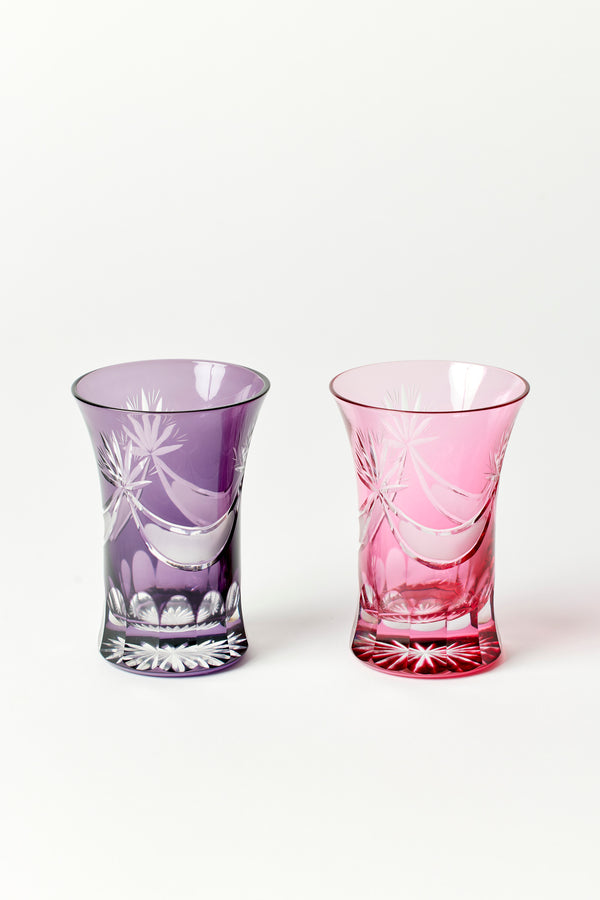 SET OF 6 PINK & PURPLE JAPANESE FLARED CUT GLASS TUMBLERS