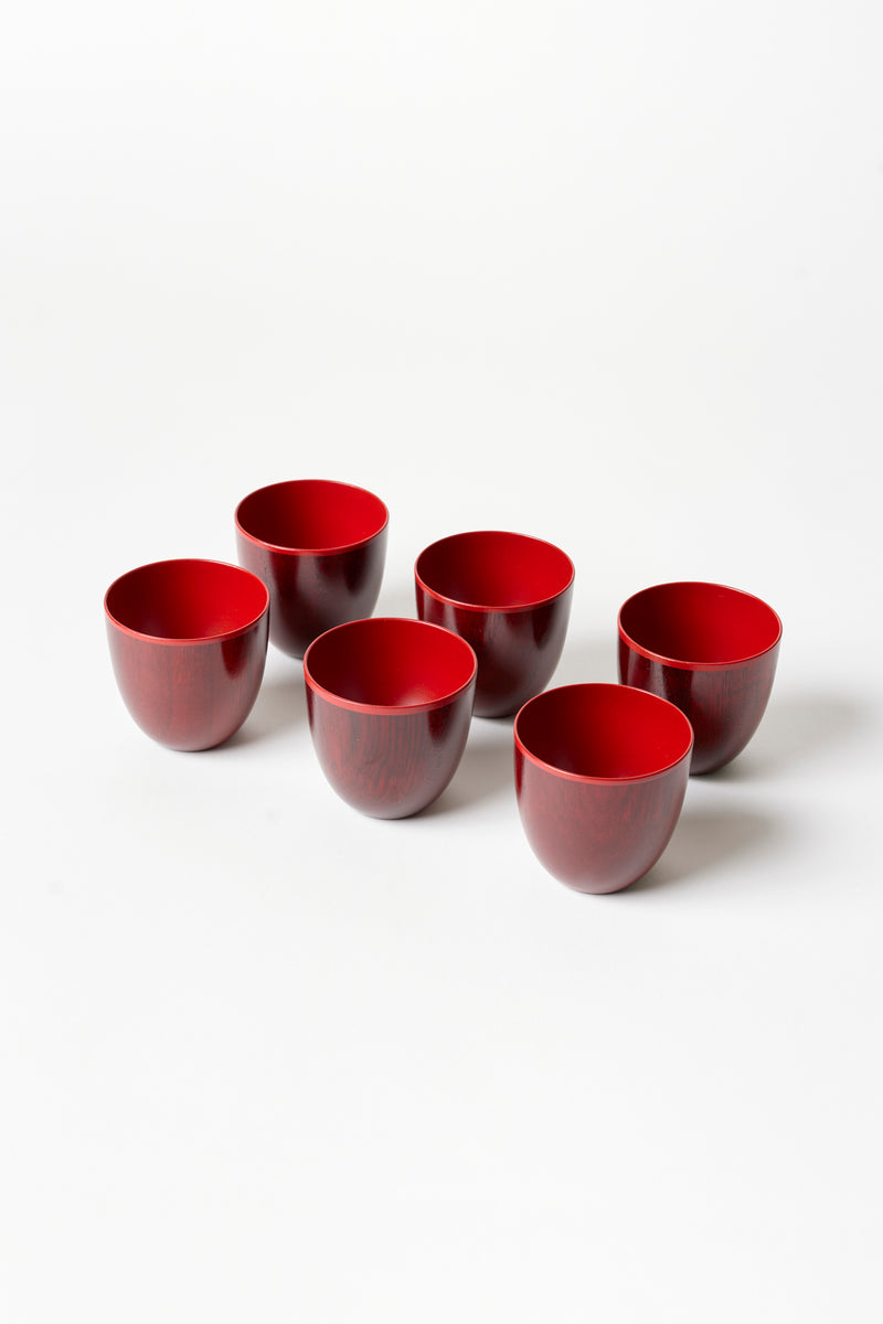 SET OF 6 RED JAPANESE WOOD TUMBLERS