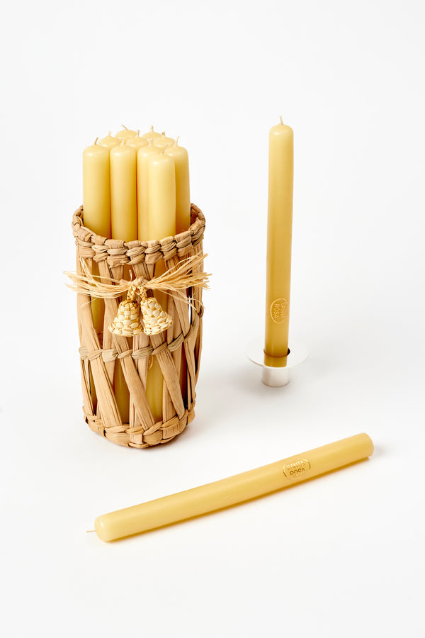 PALM BASKET OF 12 MEXICAN CHURCH TAPERS