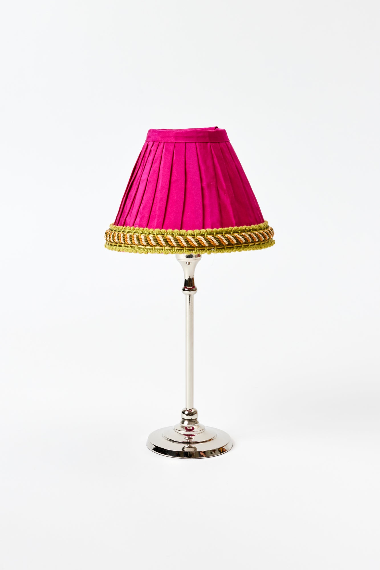 Marvelous fuchsia hand-pleated silk shade with trim.