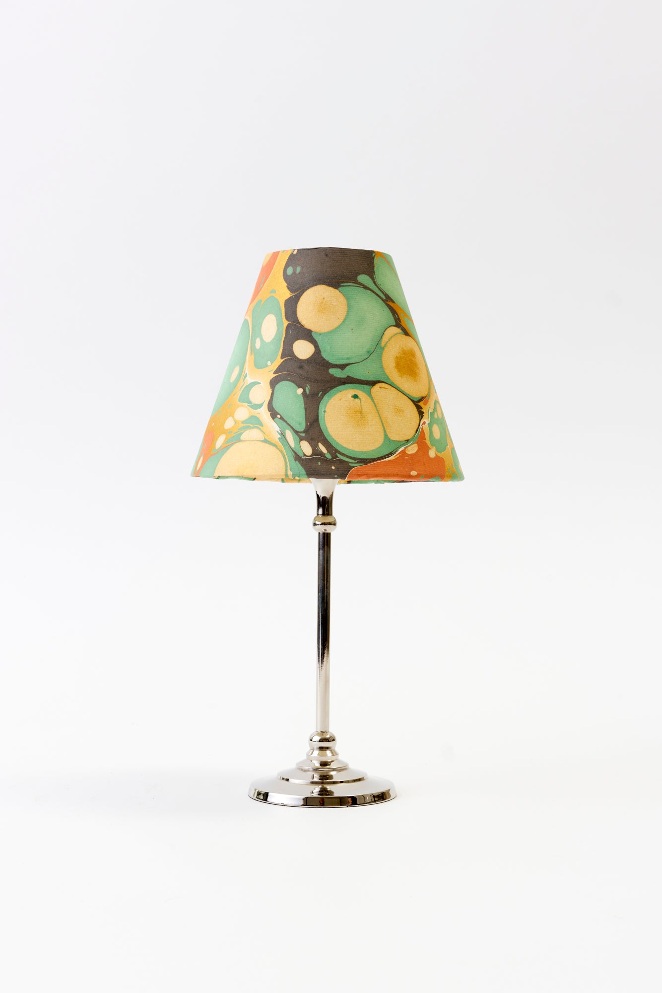 Marbled paper table lampshade in gilded teal.