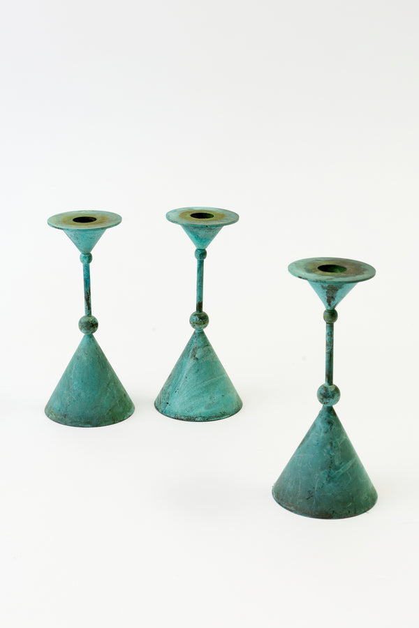 SET OF 3 VINTAGE VERDIGRIS CANDLESTICKS