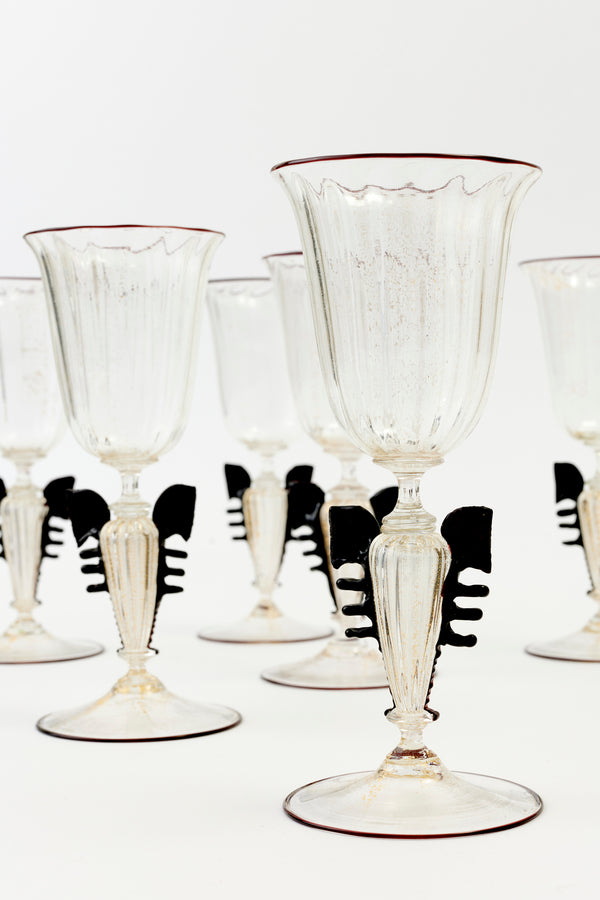 SET OF 6 VINTAGE VENETIAN GOBLETS WITH BLACK RIM