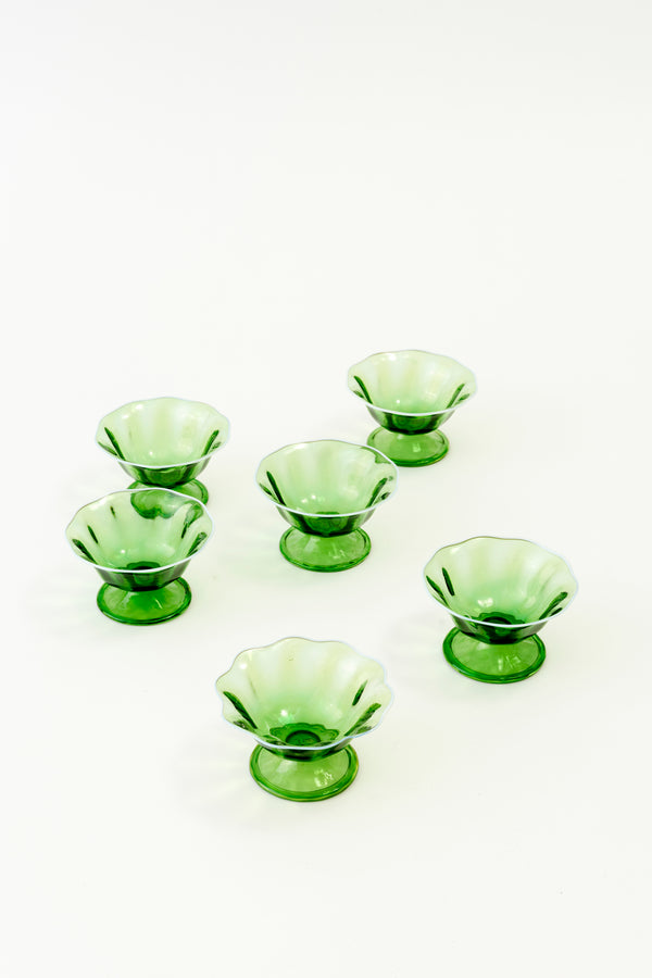 SET OF 6 VINTAGE GREEN GLASS DESSERT COMPOTES