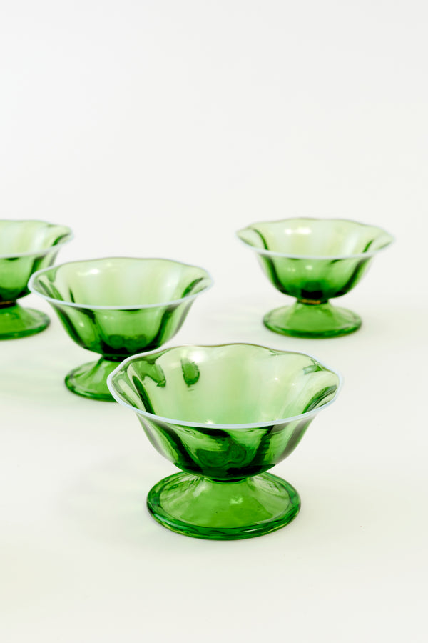 SET OF 6 VINTAGE GREEN GLASS DESSERT COMPOTES