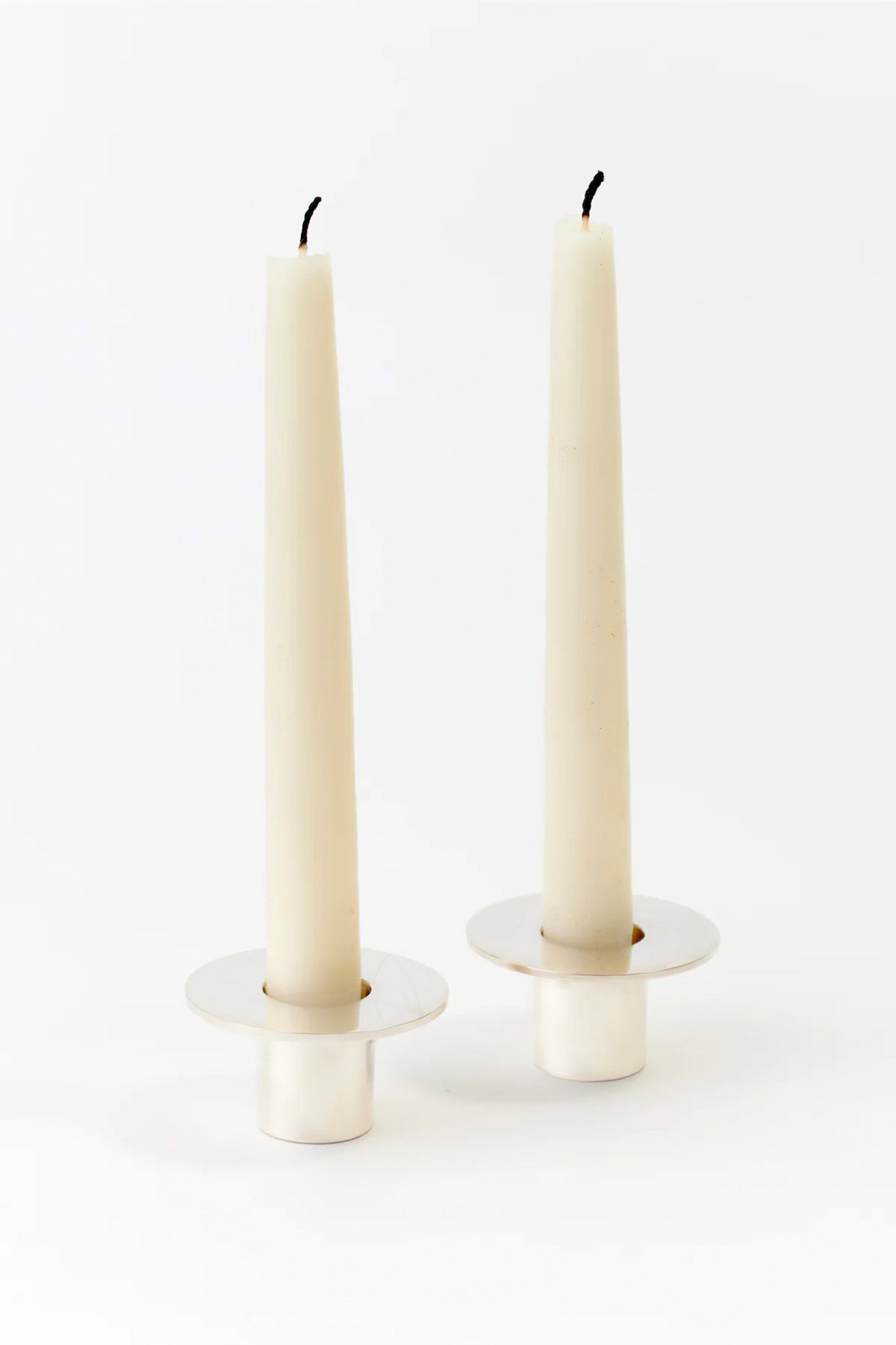 SET OF 2 SILVER DECO TAPER CANDLE HOLDERS