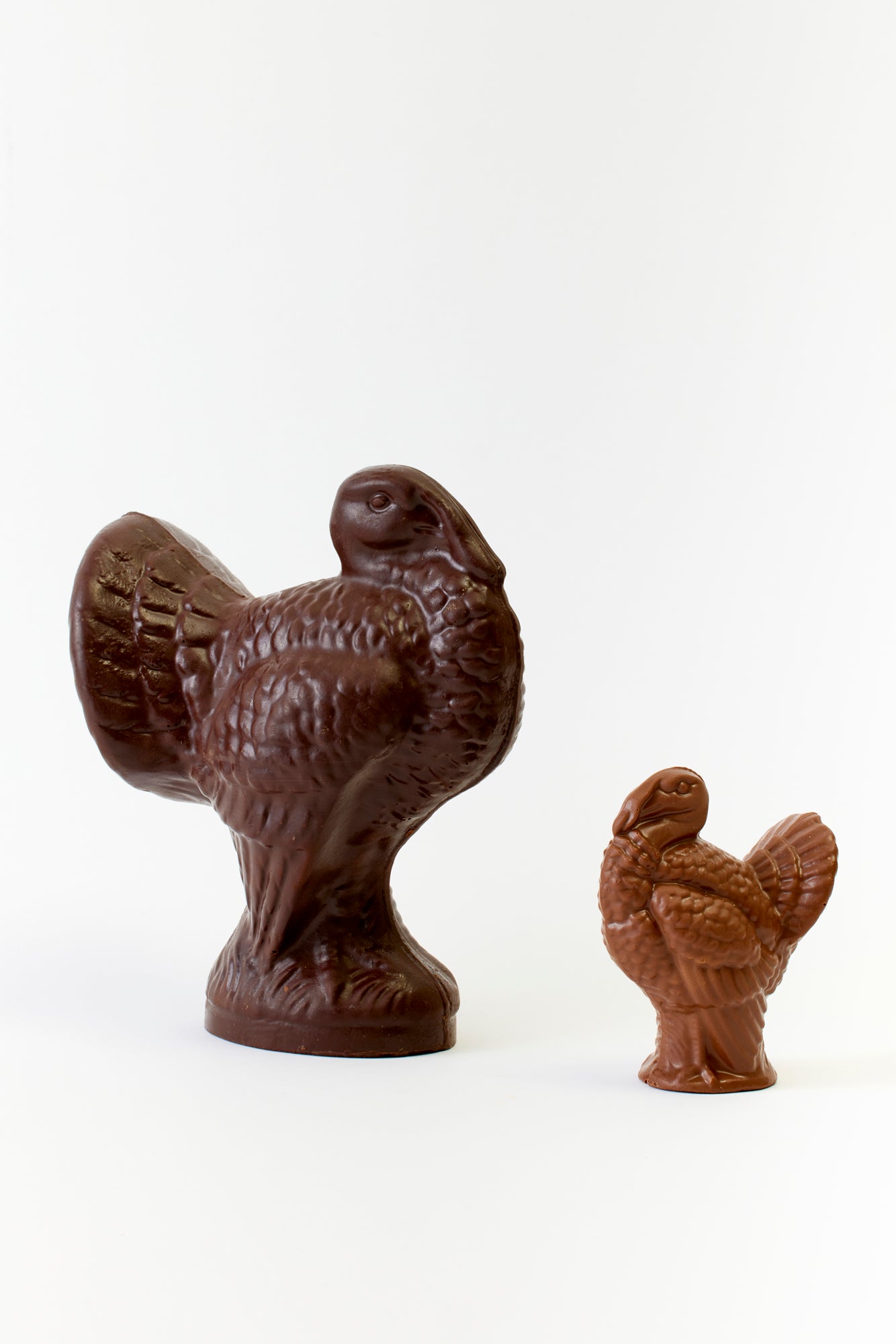 Two intricately molded chocolate turkeys, one dark and one milk chocolate, stand proudly with detailed feathers—a sweet Thanksgiving showstopper for the dessert table.