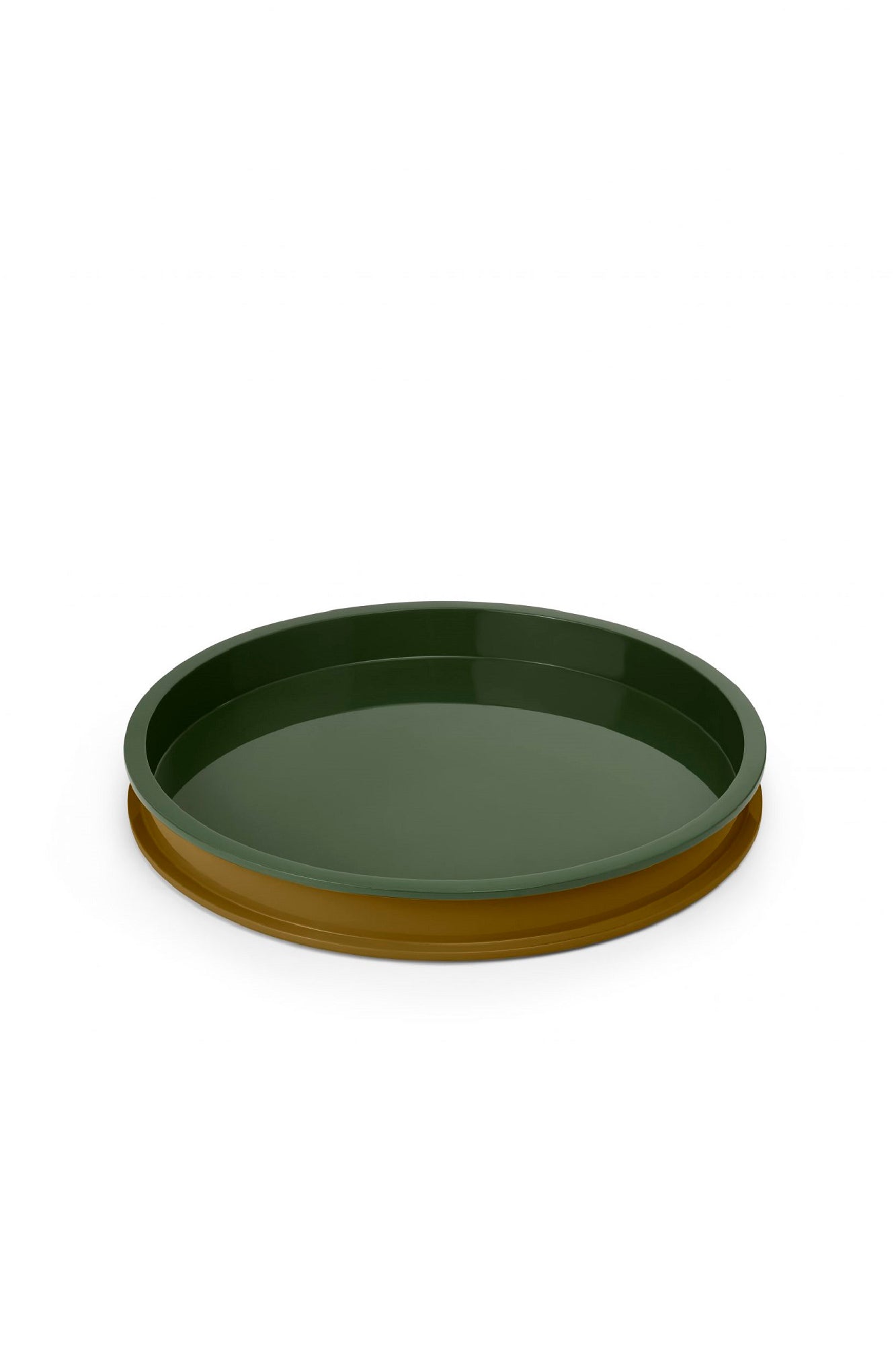 Circular olive lacquered serving tray.