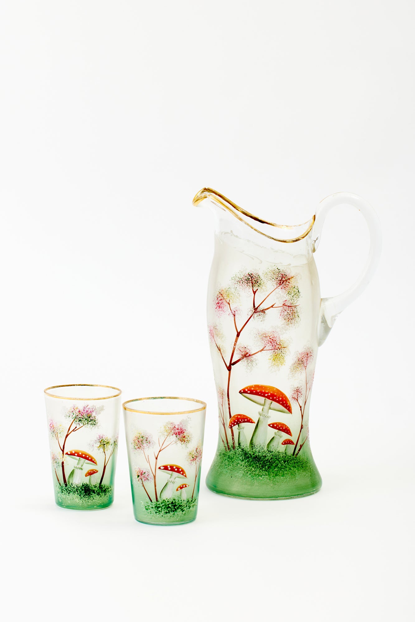 Set of 3 hand painted vintage bohemian mushroom pitcher and tumblers.