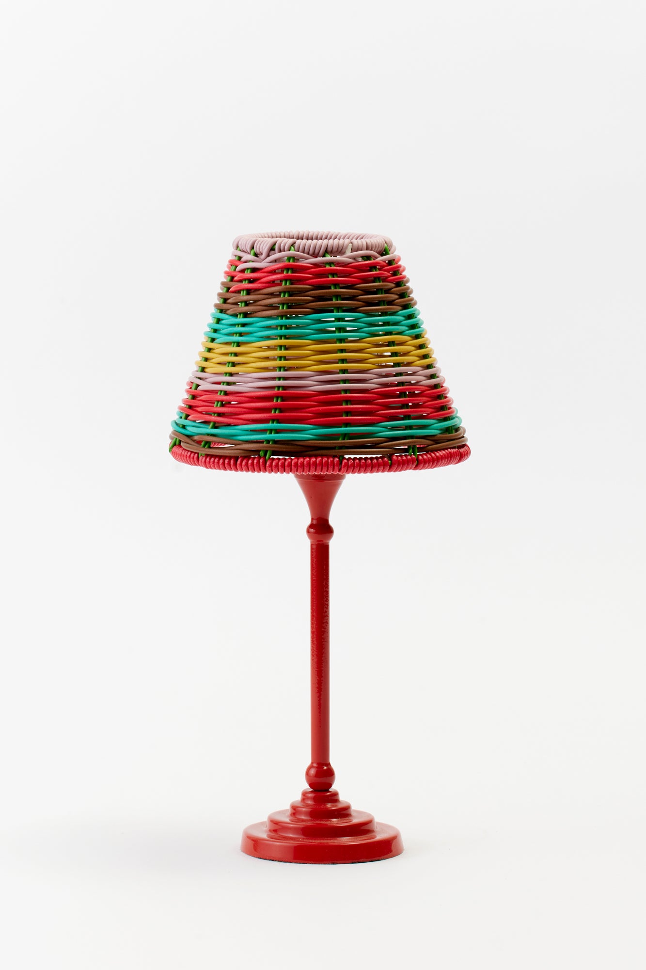 Colorful woven table lamp shade.