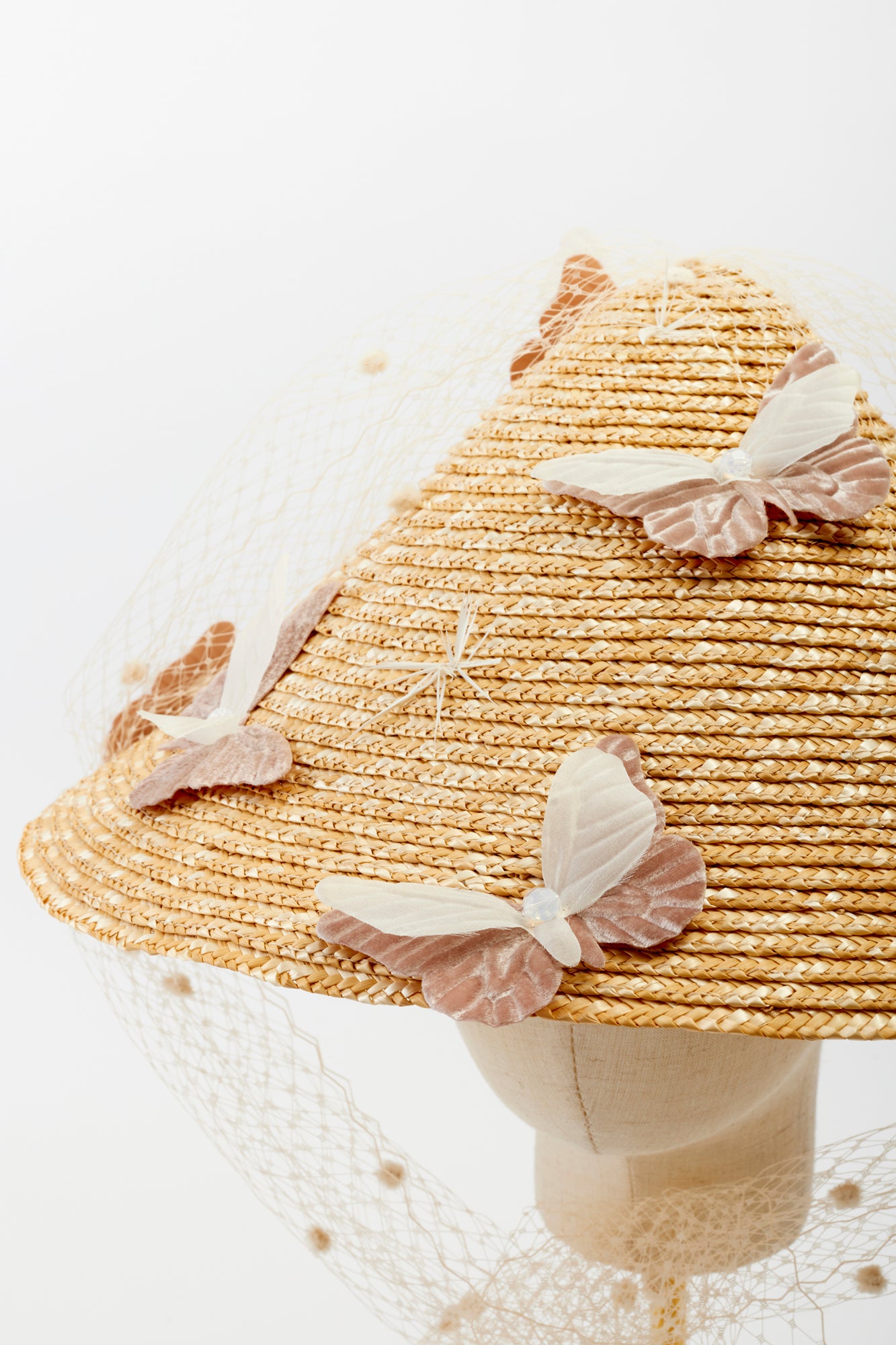 Garden pollinator hat with butterflies. Japanese style hat with lace.