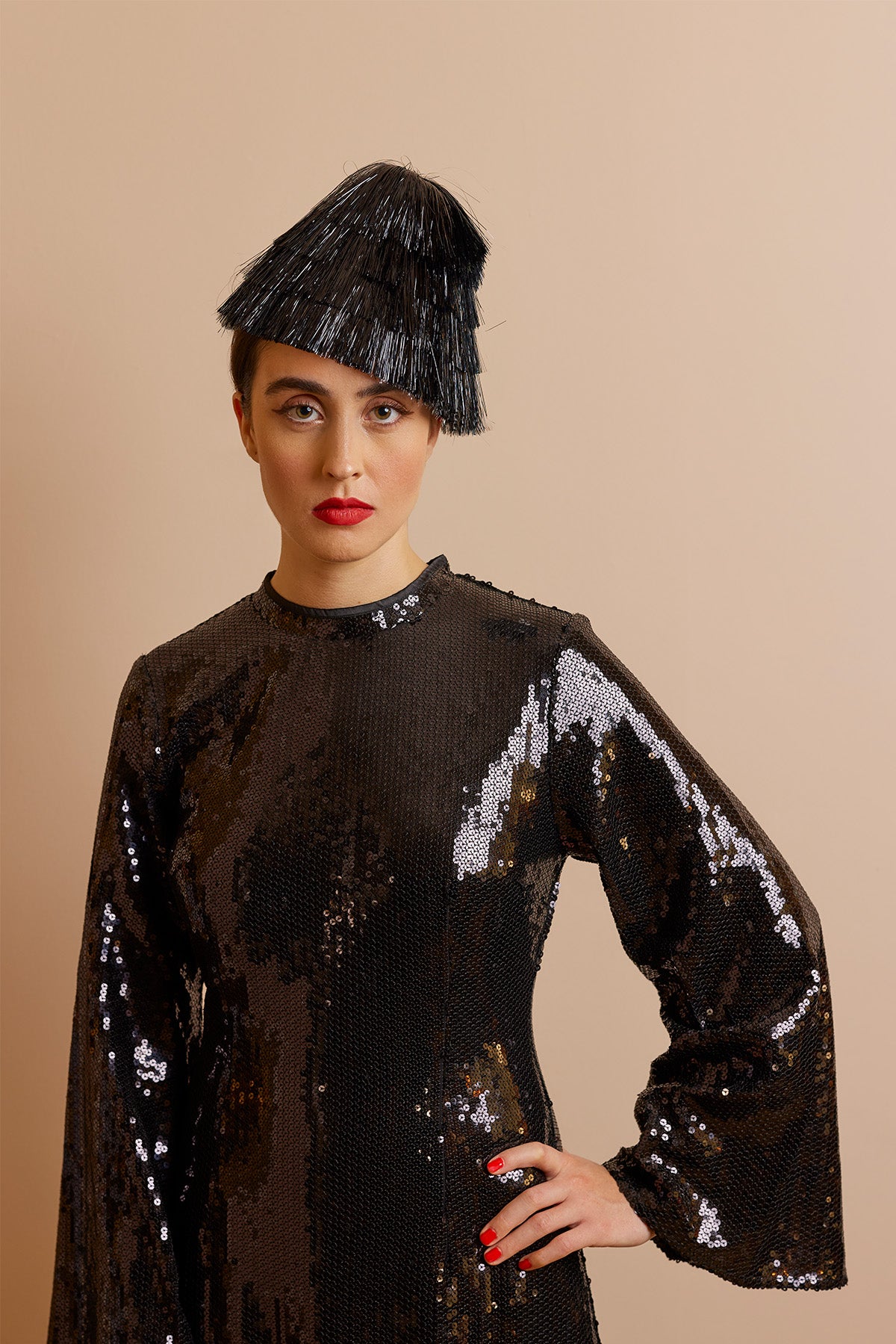 Black tinsel hat. Great for New Years Eve party.