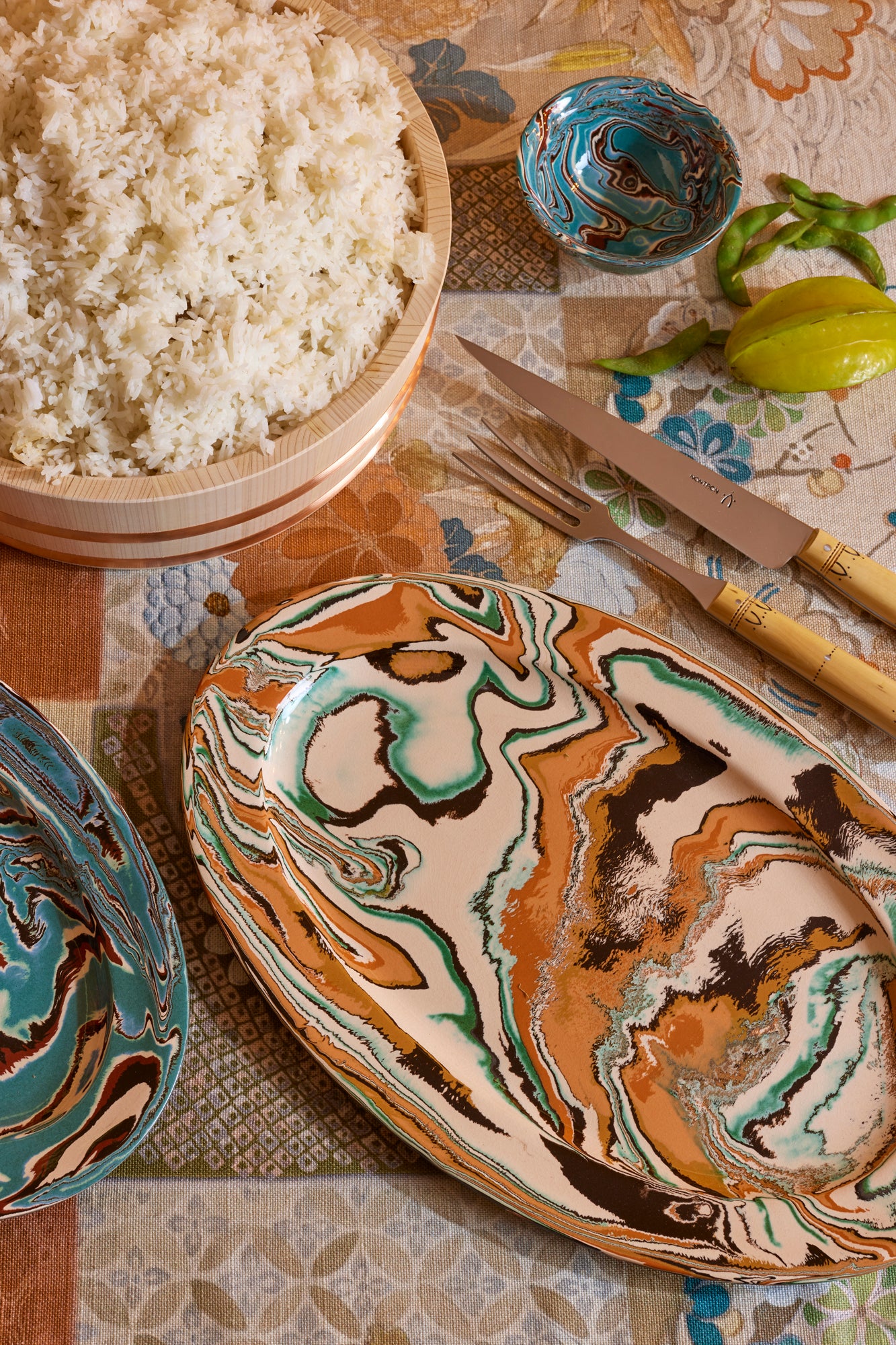 Burned boxwood serving utensils handmade in France.