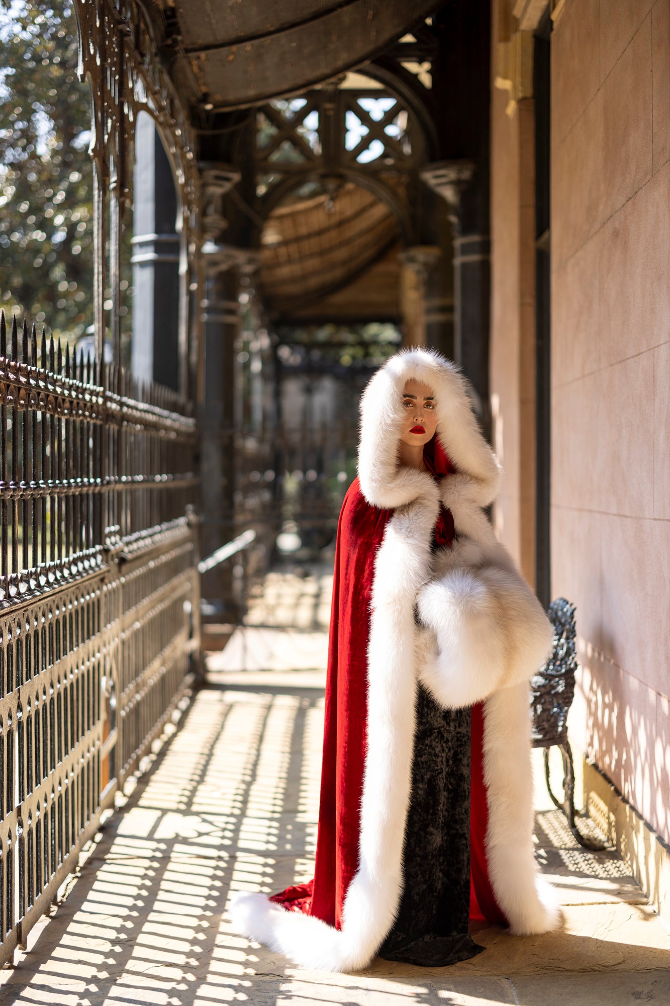 POLOGEORGIS FUR-TRIMMED SILK VELVET MRS. CLAUS CAPE & MUFF