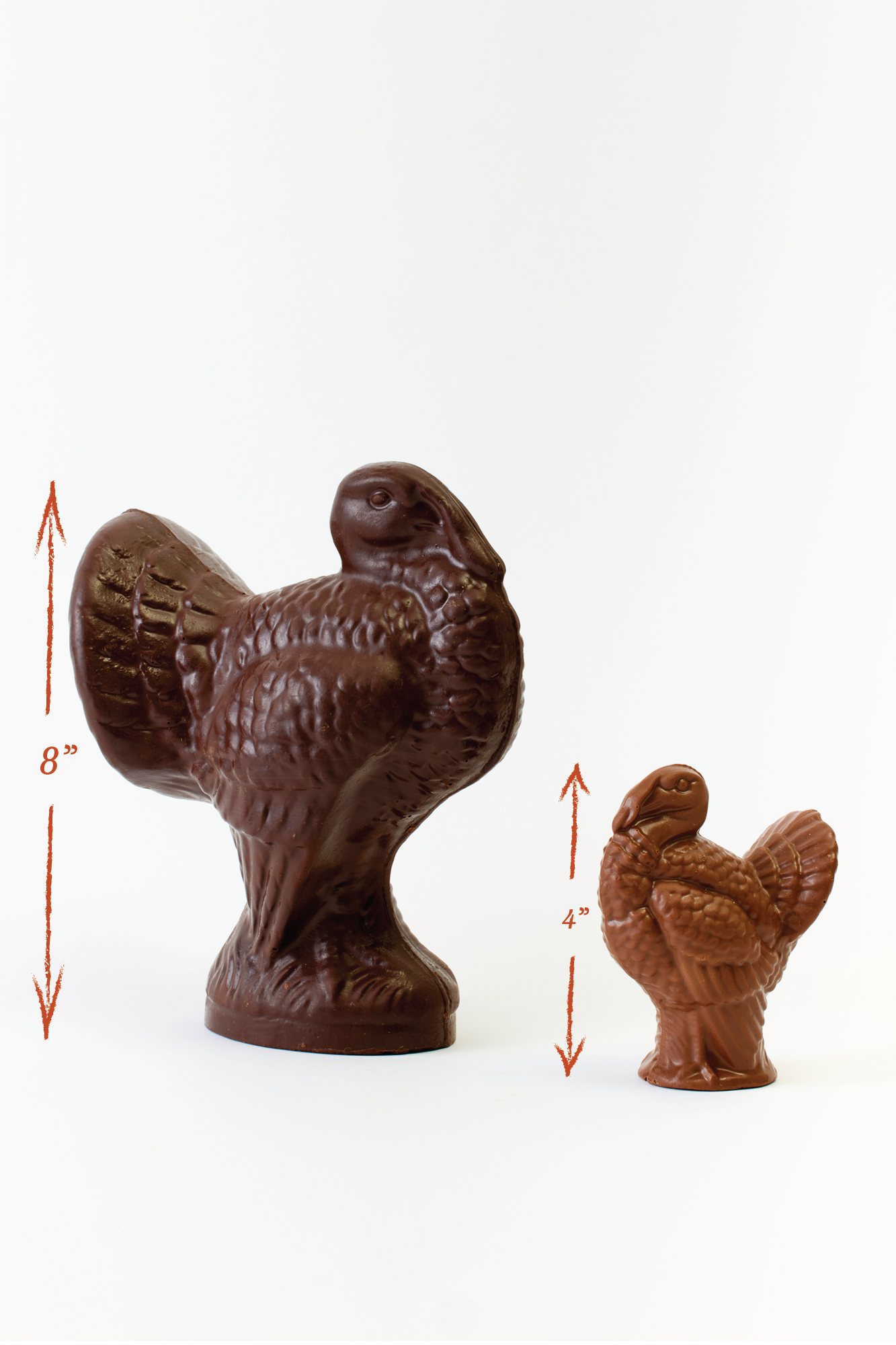 Two intricately molded chocolate turkeys, one dark and one milk chocolate, stand proudly with detailed feathers—a sweet Thanksgiving showstopper for the dessert table.