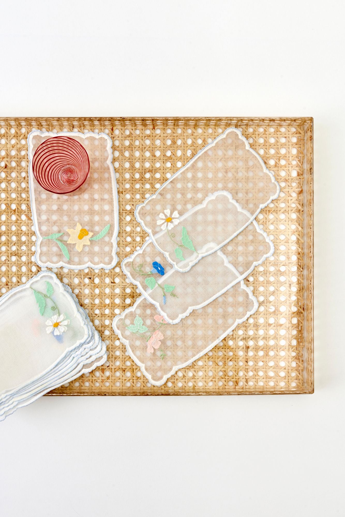 SET OF 12 VINTAGE ORGANDY FLOWER COCKTAIL NAPKINS.