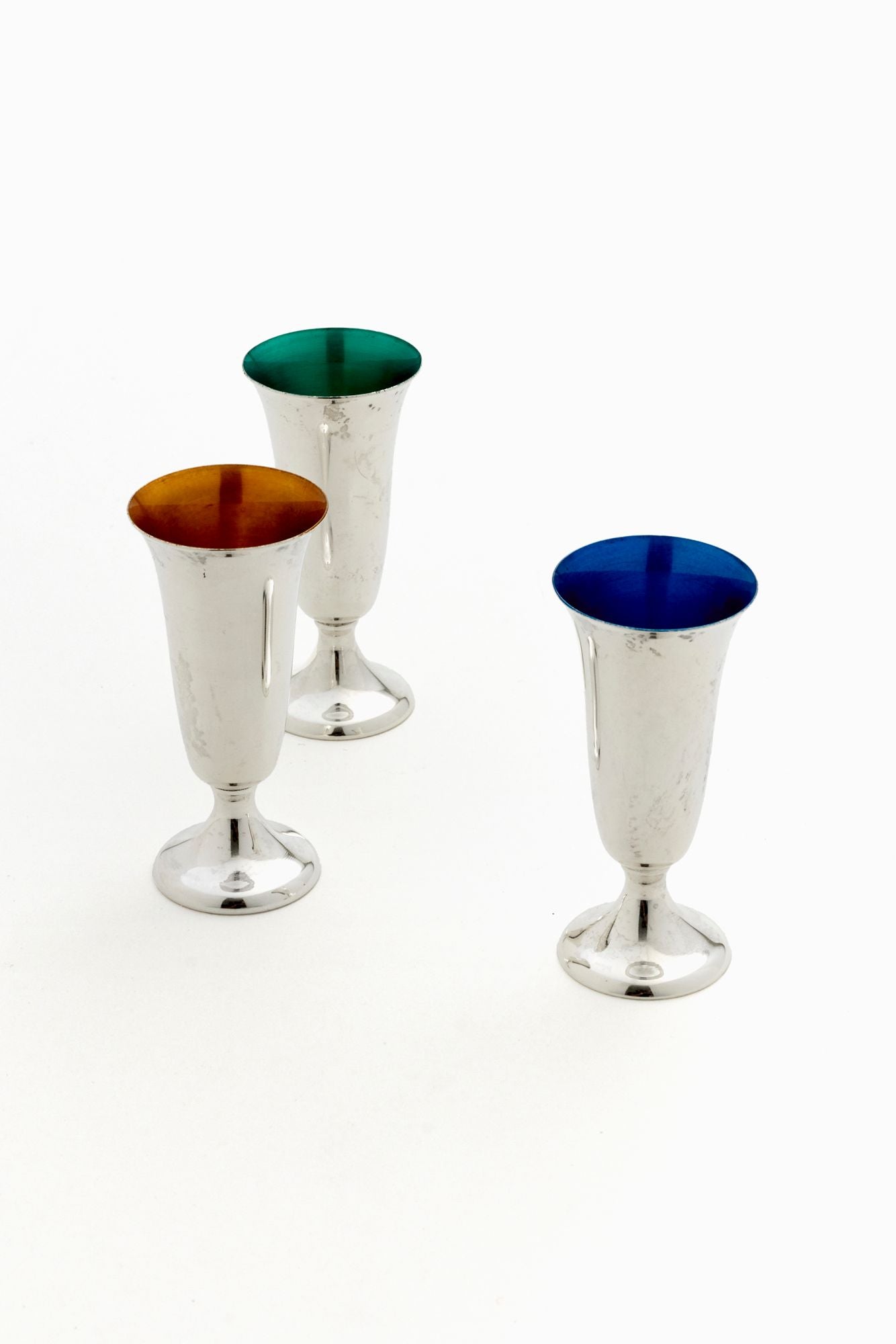 SET OF 3 ENAMEL TINY CORDIALS.