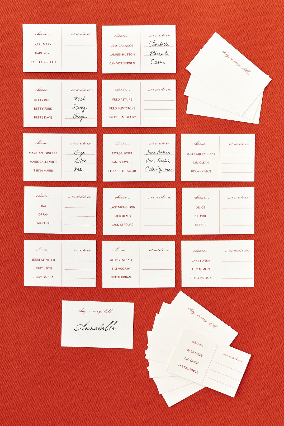 SET OF 24 SHAG, MARRY, KILL PLACE CARDS