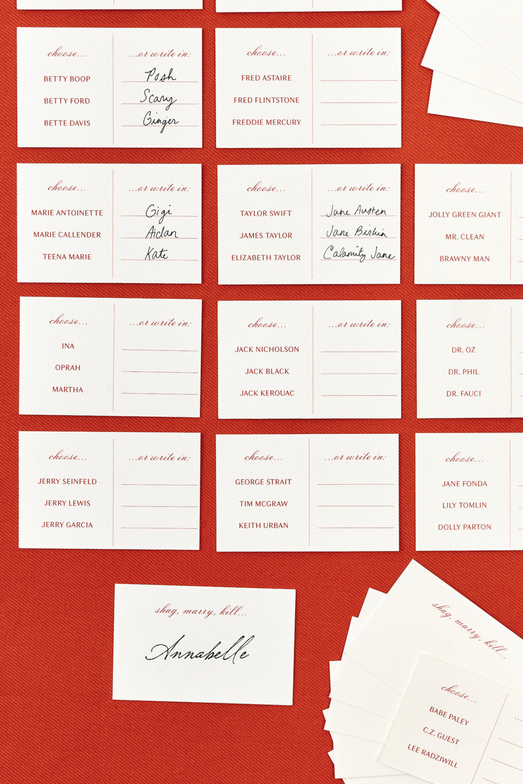 SET OF 24 SHAG, MARRY, KILL PLACE CARDS