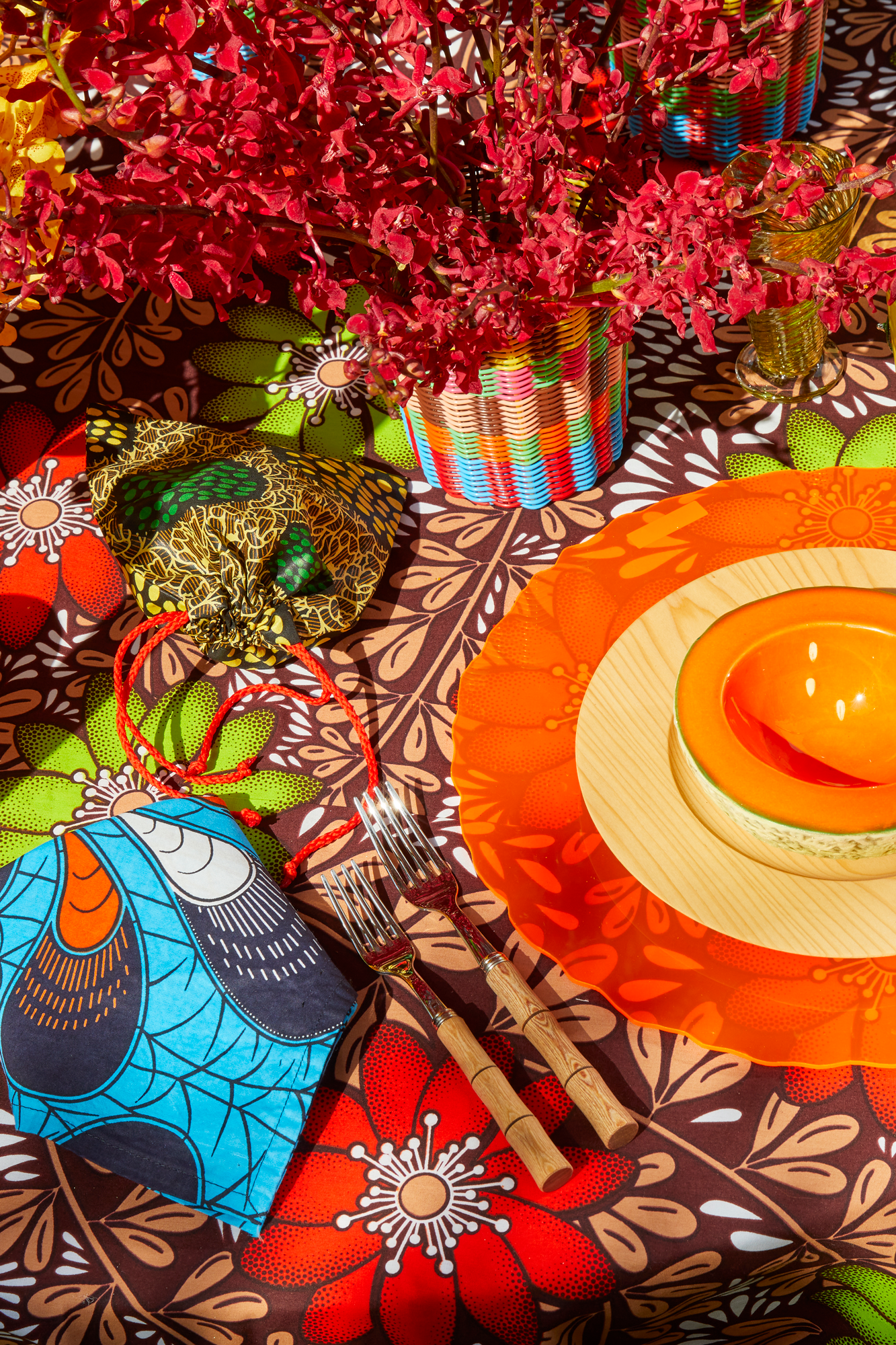 These blue table linens were made exclusively for Houses & Parties by Ankara Company located in Johannesburg, South Africa.