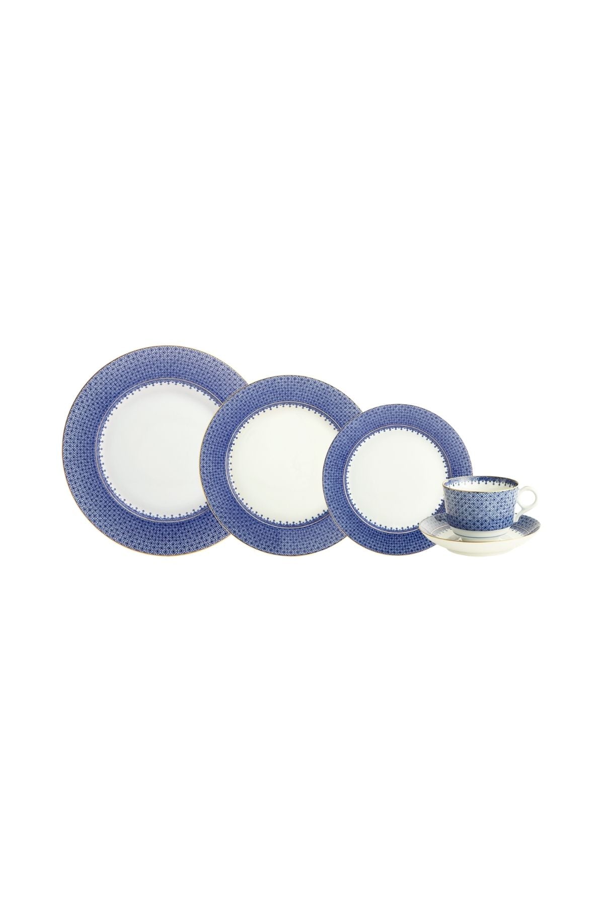 Five piece place setting includes dinner plate, dessert plate, bread butter plate and teacup with saucer. 
Cobalt blue based Blue Lace teardrop border.