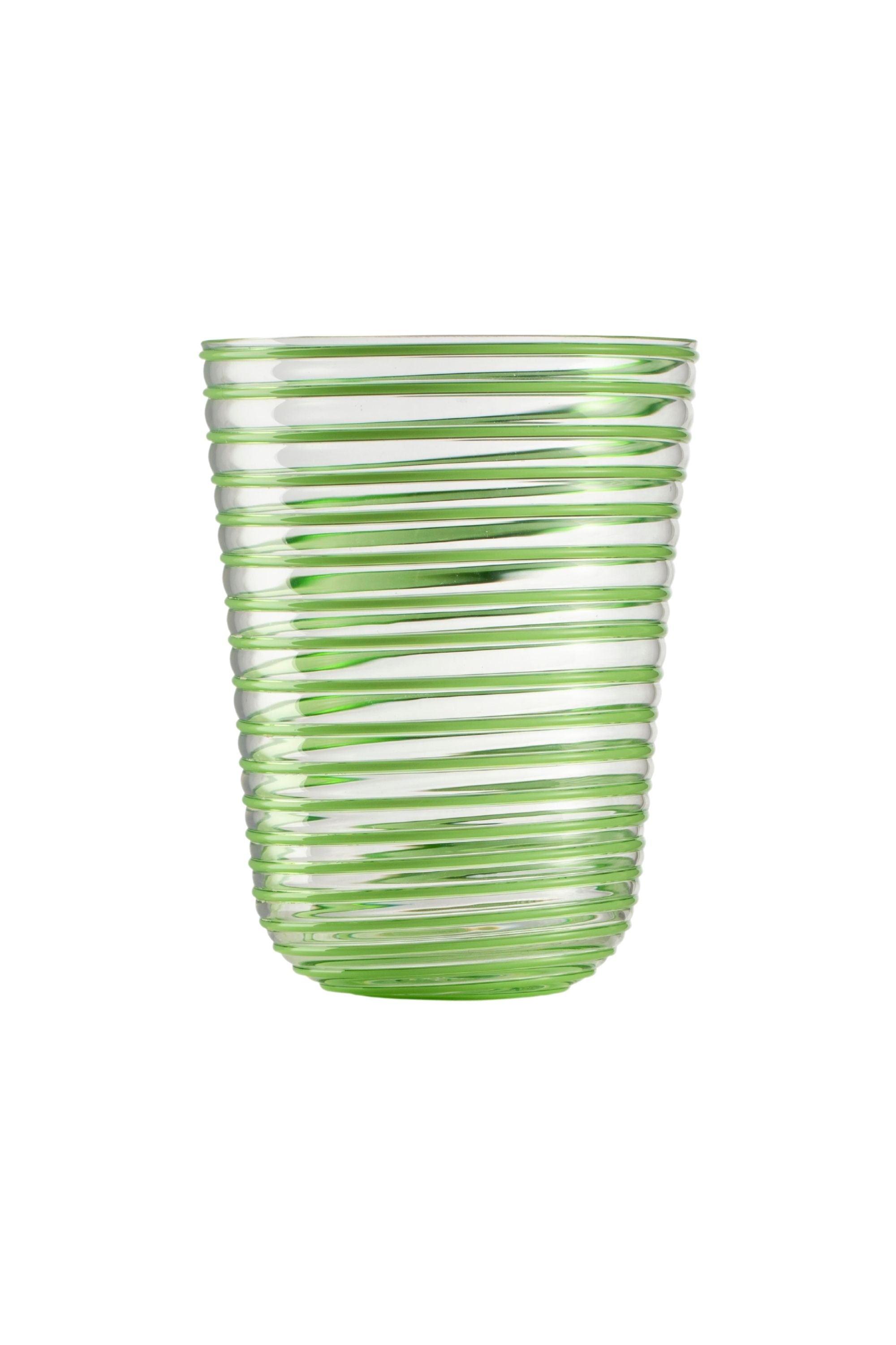 Transparent glass embossed with green glass thread spiraling up the cup.