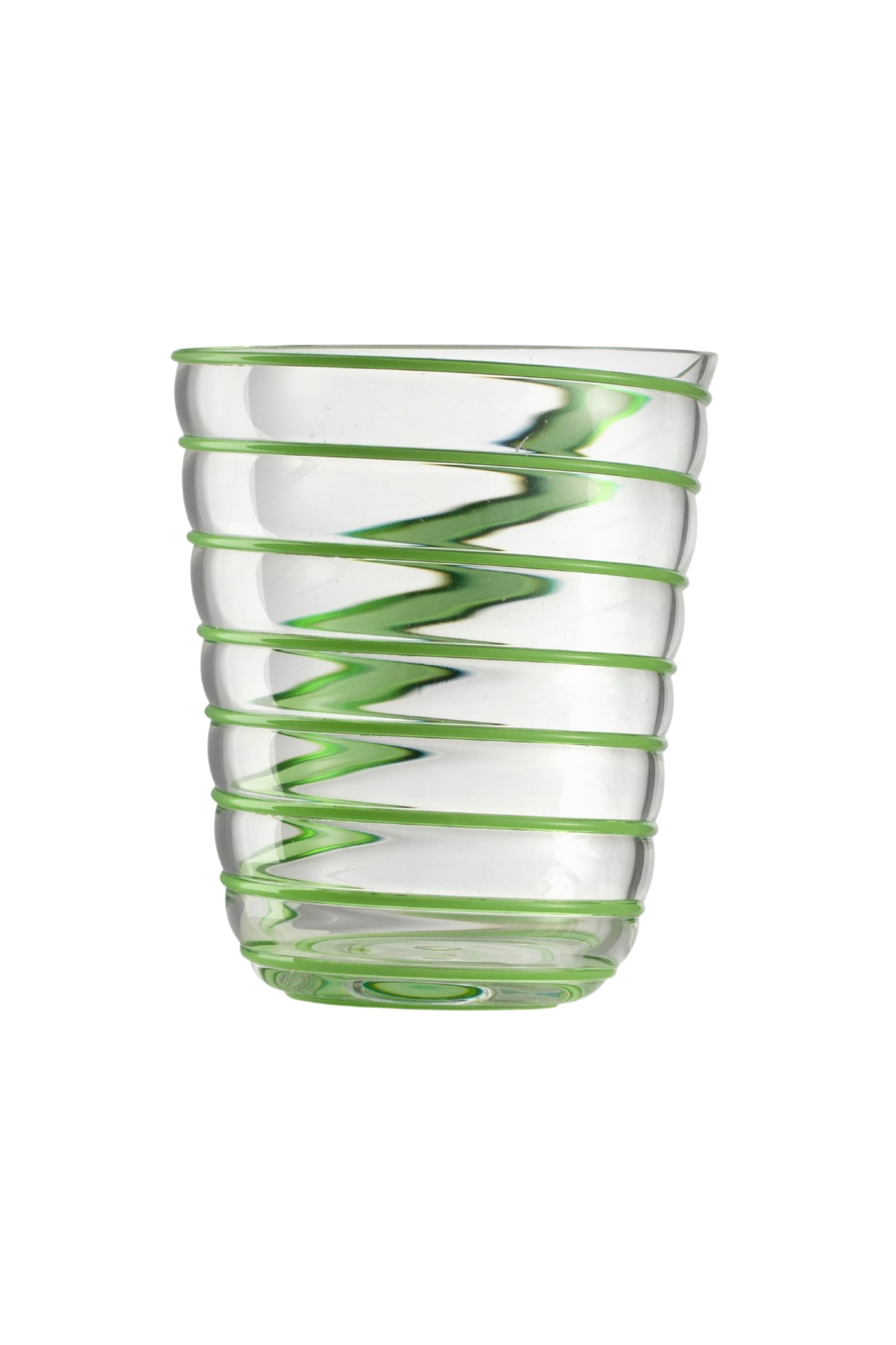 Transparent glass embossed with green glass thread spiraling up the cup.