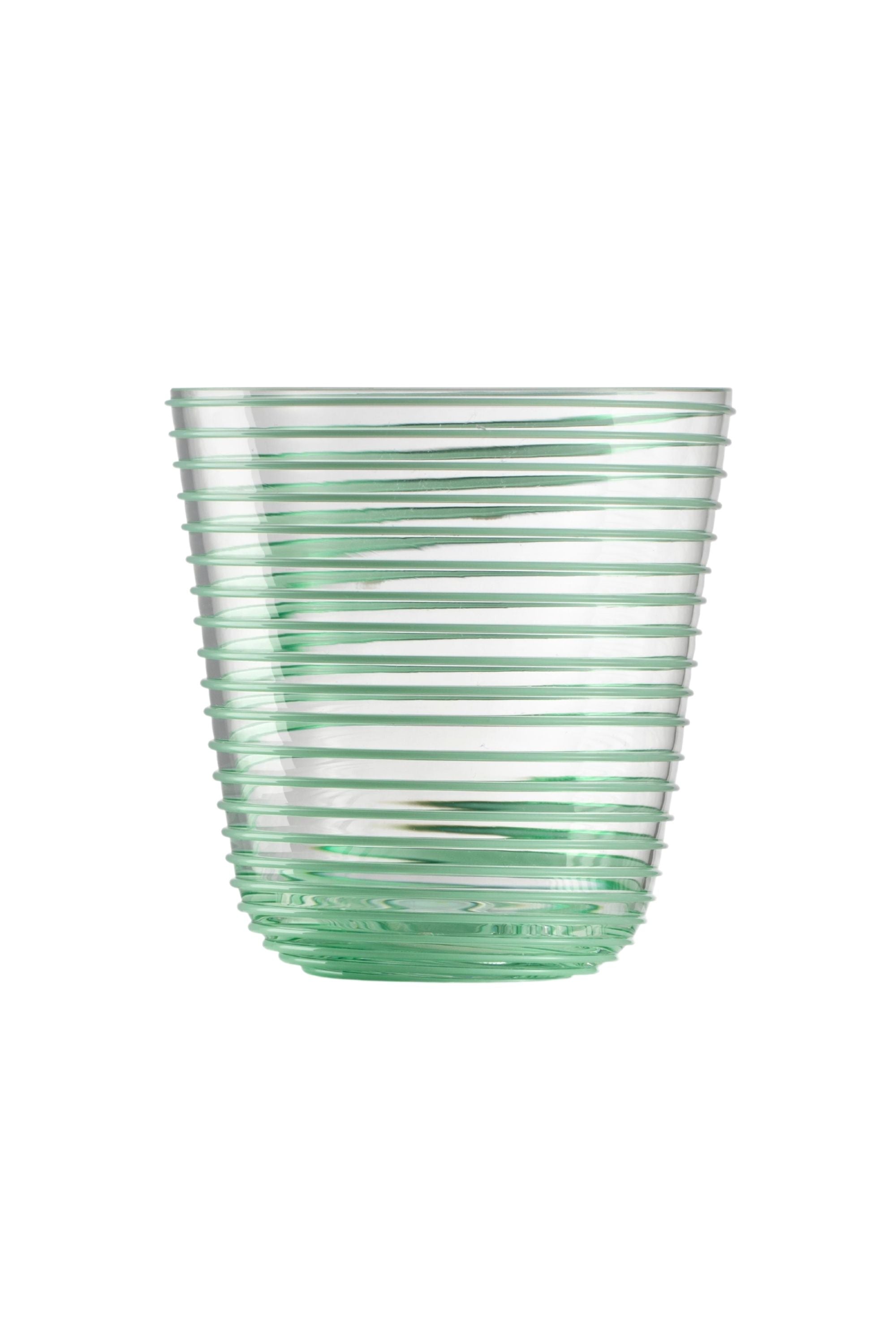 Transparent glass embossed with green glass thread spiraling up the cup.