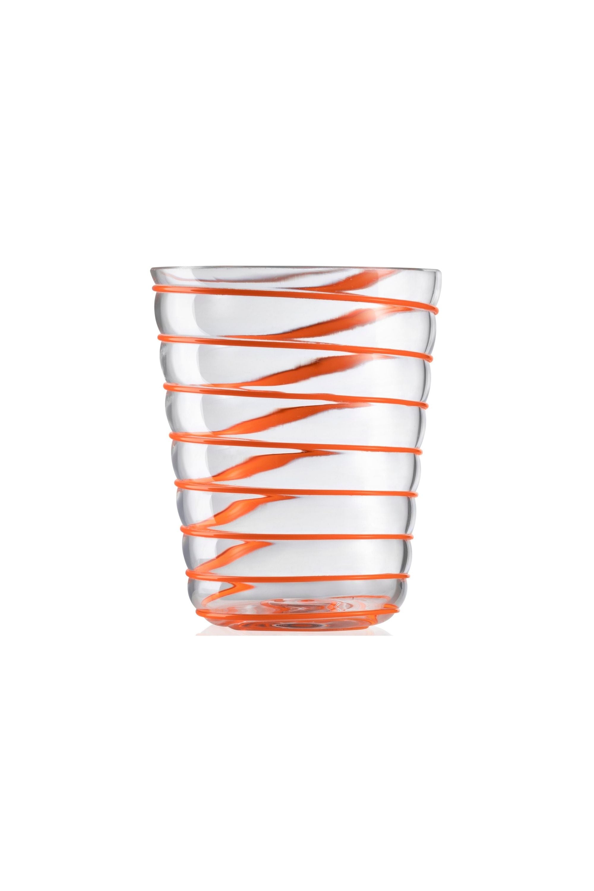 Transparent glass embossed with orange glass thread spiraling up the cup.