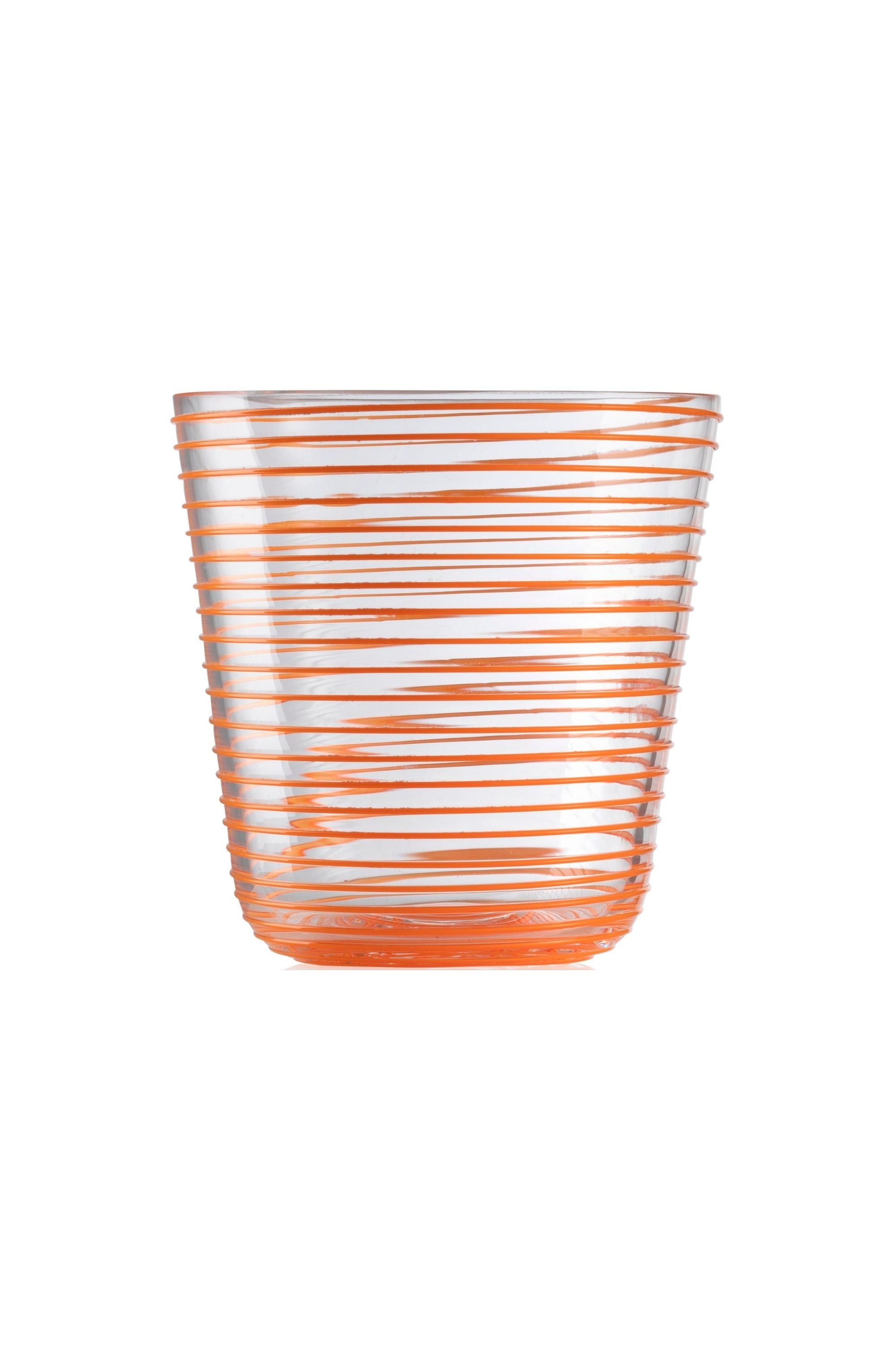 Transparent glass embossed with orange glass thread spiraling up the cup.