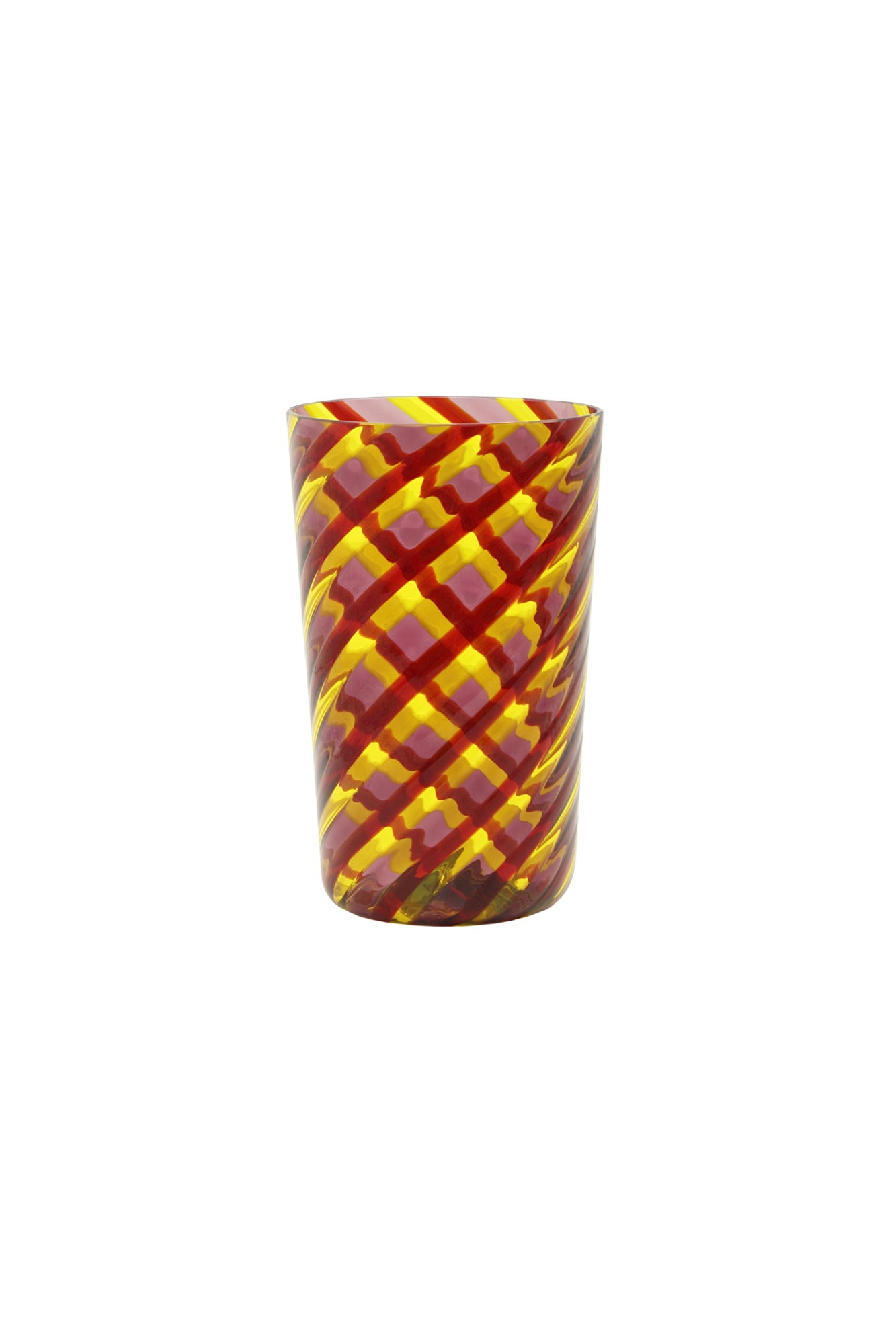 Murano twisted glass tumbler with colorful stripes of yellow, red, and pink. 