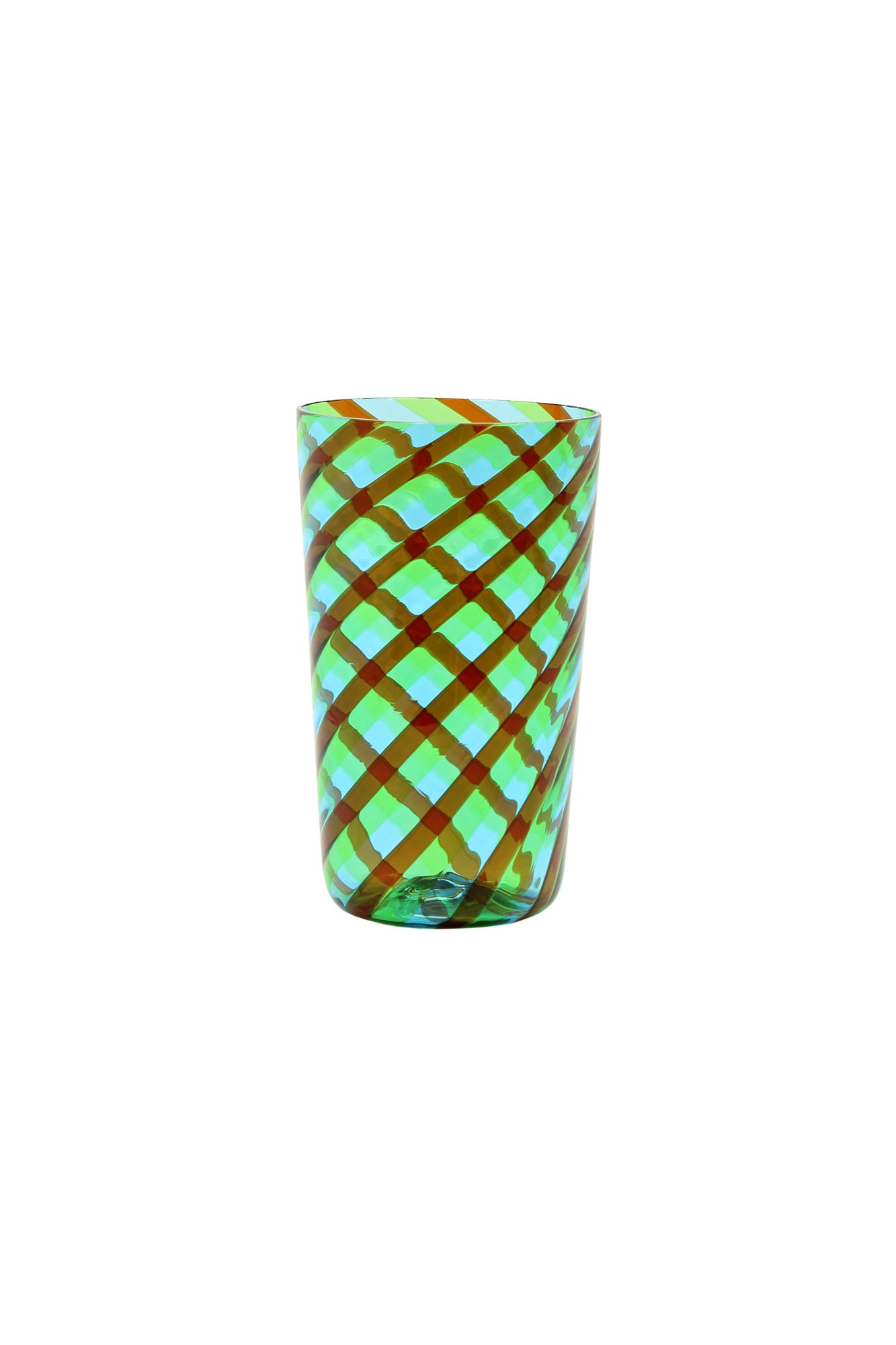 Murano twisted glass tumbler with colorful stripes of blue, green, and orange.