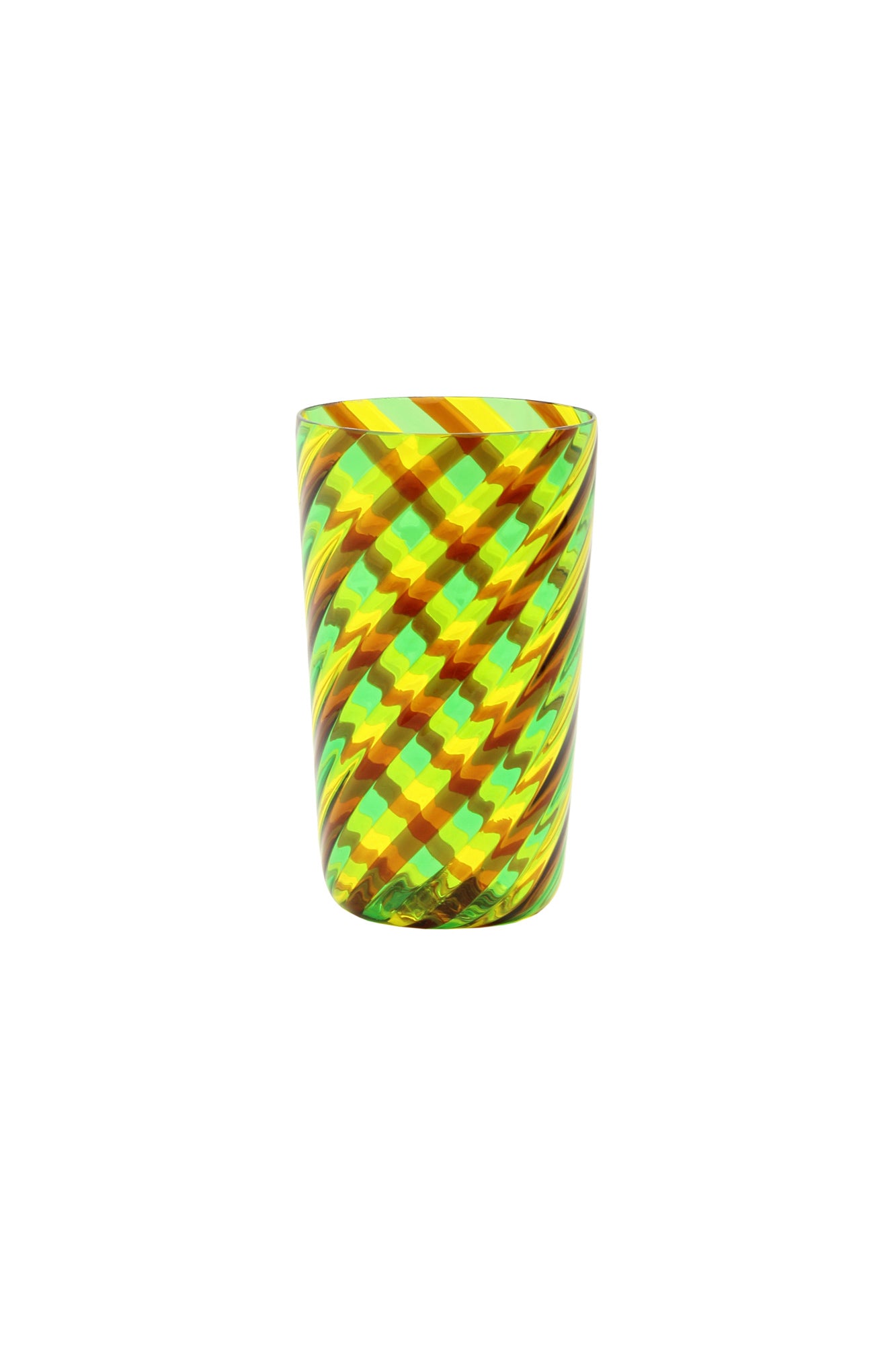 Murano twisted glass tumbler with colorful stripes of yellow, green, and orange. 