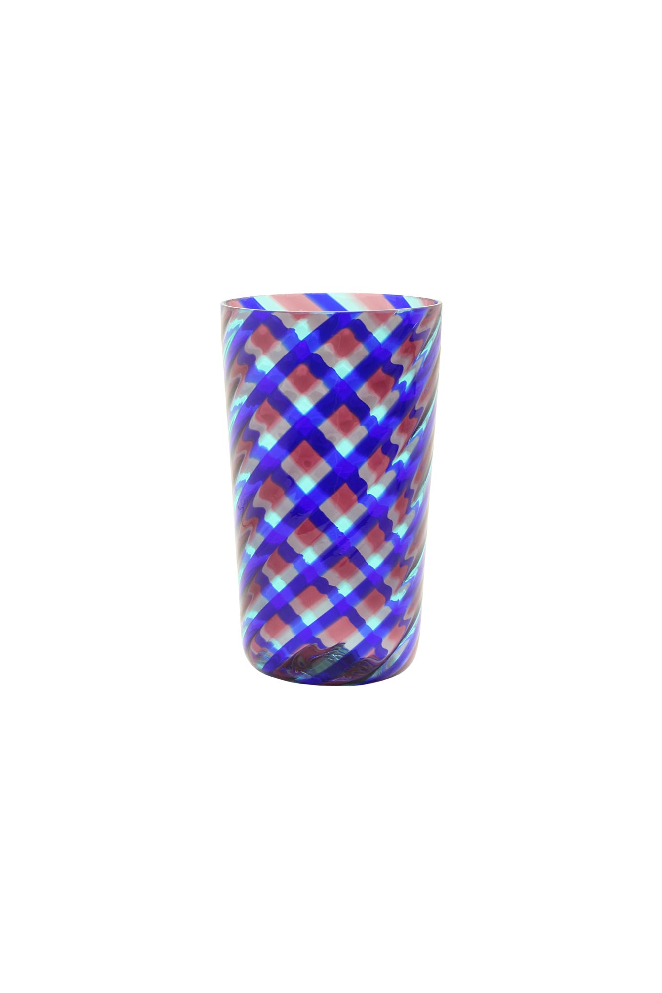 Murano twisted glass tumbler with colorful stripes of pink, light blue, and royal blue. 